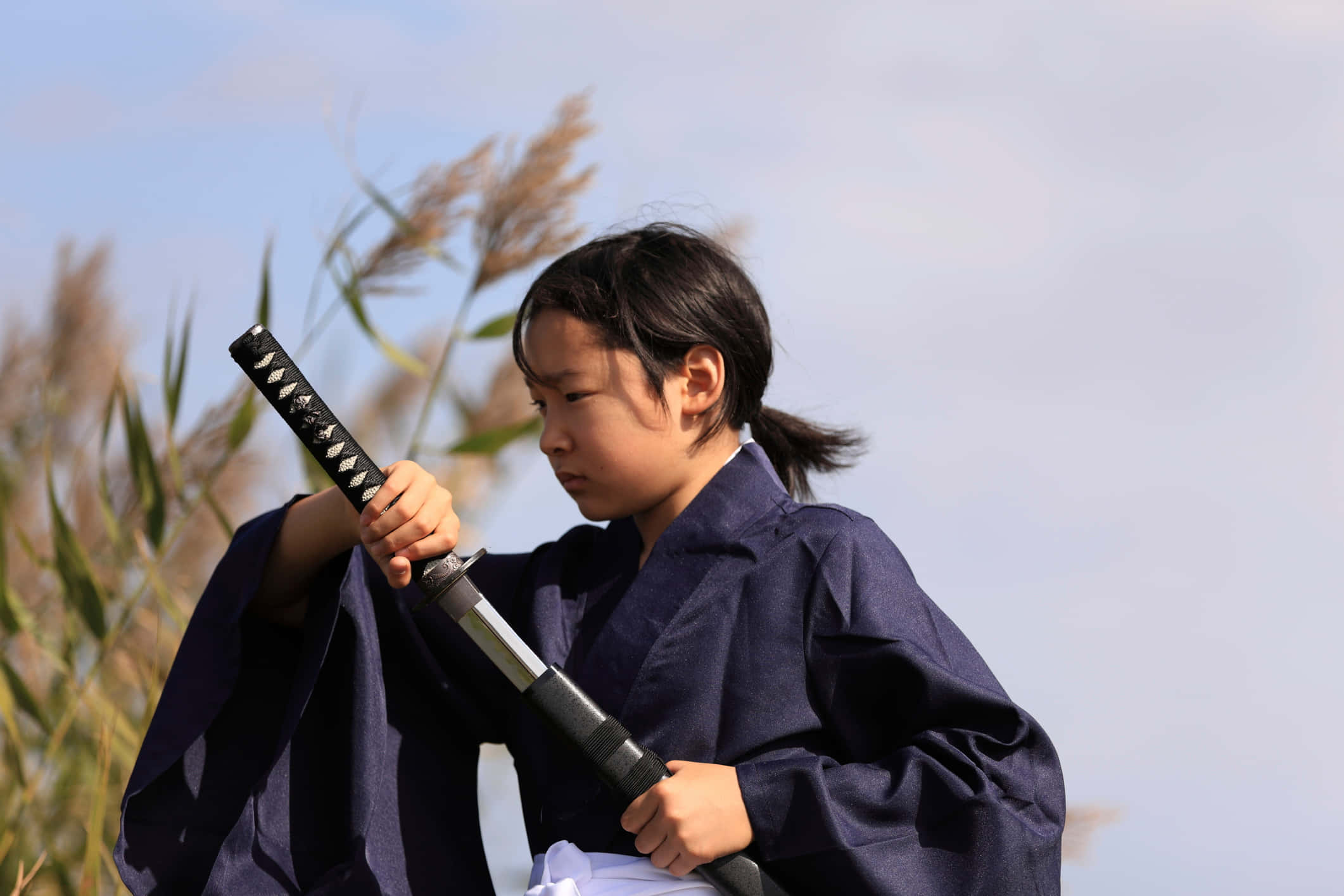 Samurai Sword, katana, dark blue kimono, Full HD Desktop Wallpaper