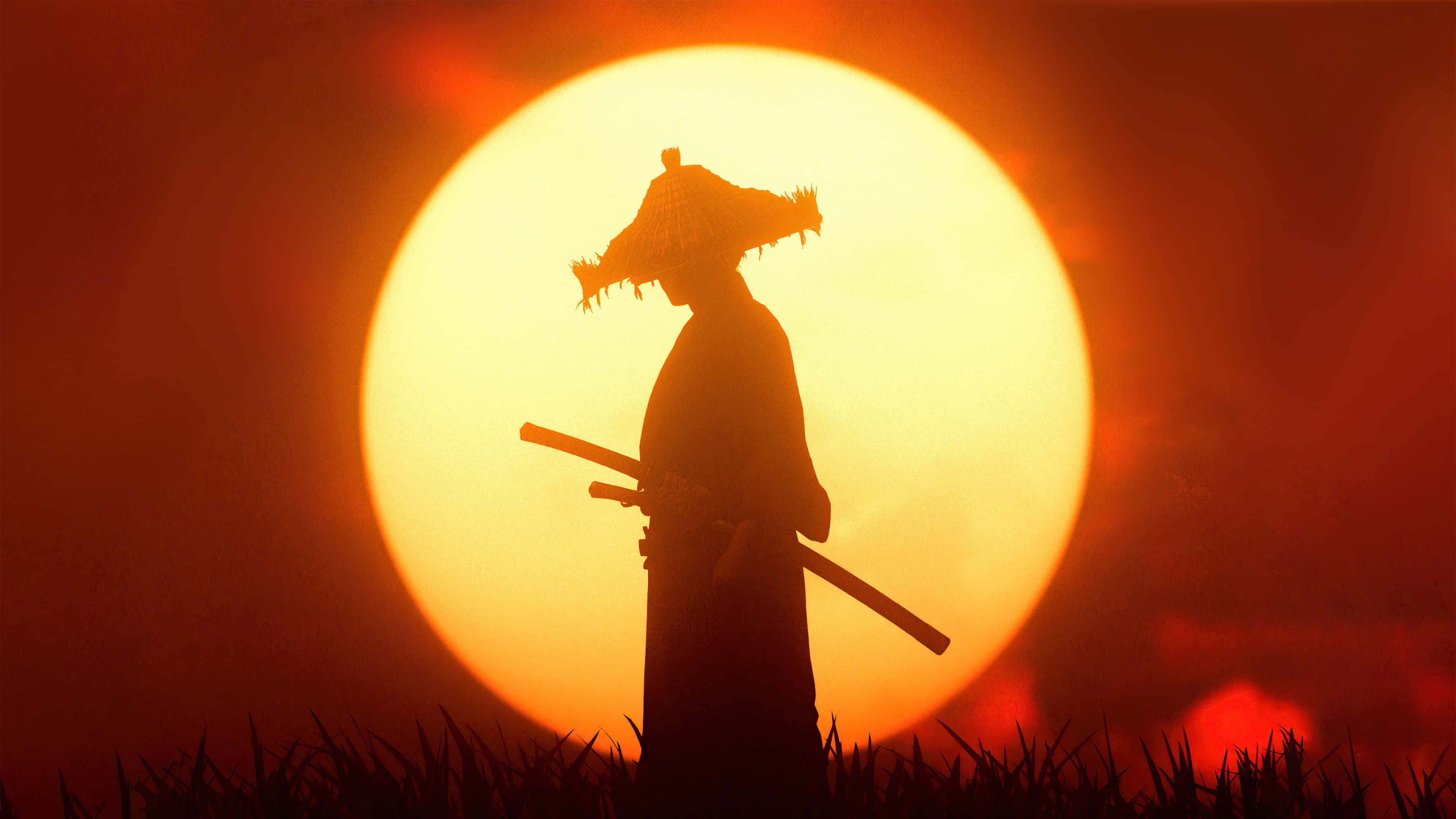 samurai warrior, straw hat, sword, 4K Desktop Wallpaper