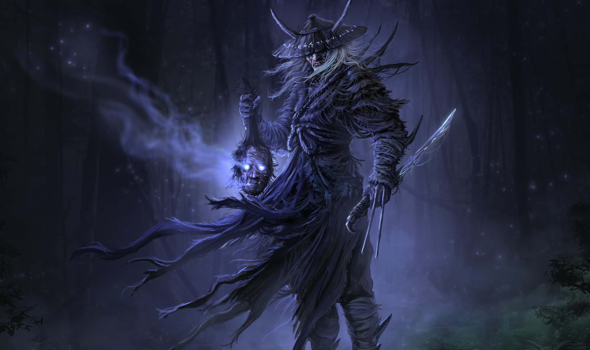 Samurai Warrior, glowing skull, blade, Full HD Desktop Wallpaper