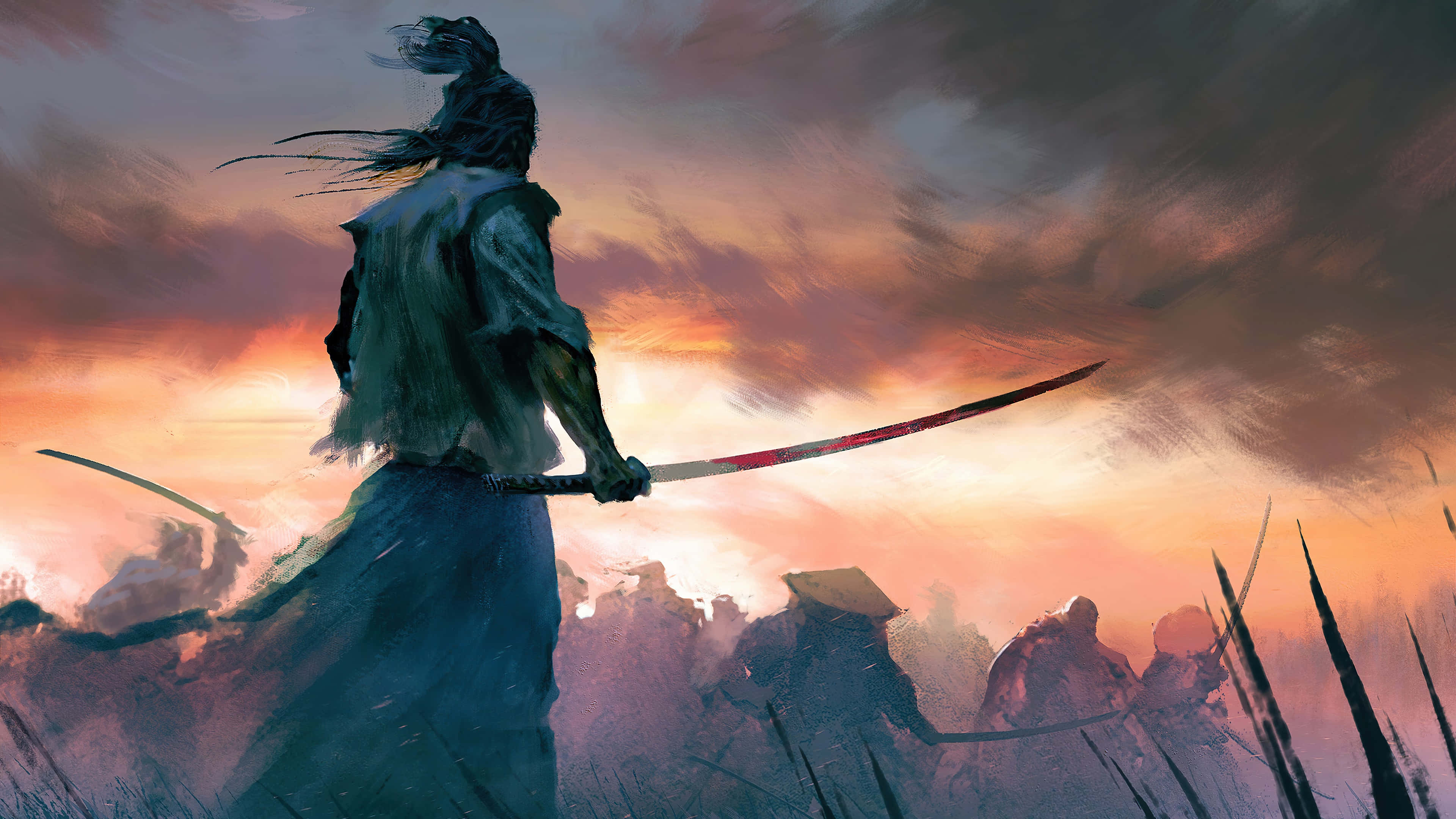 Samurai Warrior, katana, fiery sunset sky, 4K Desktop Wallpaper