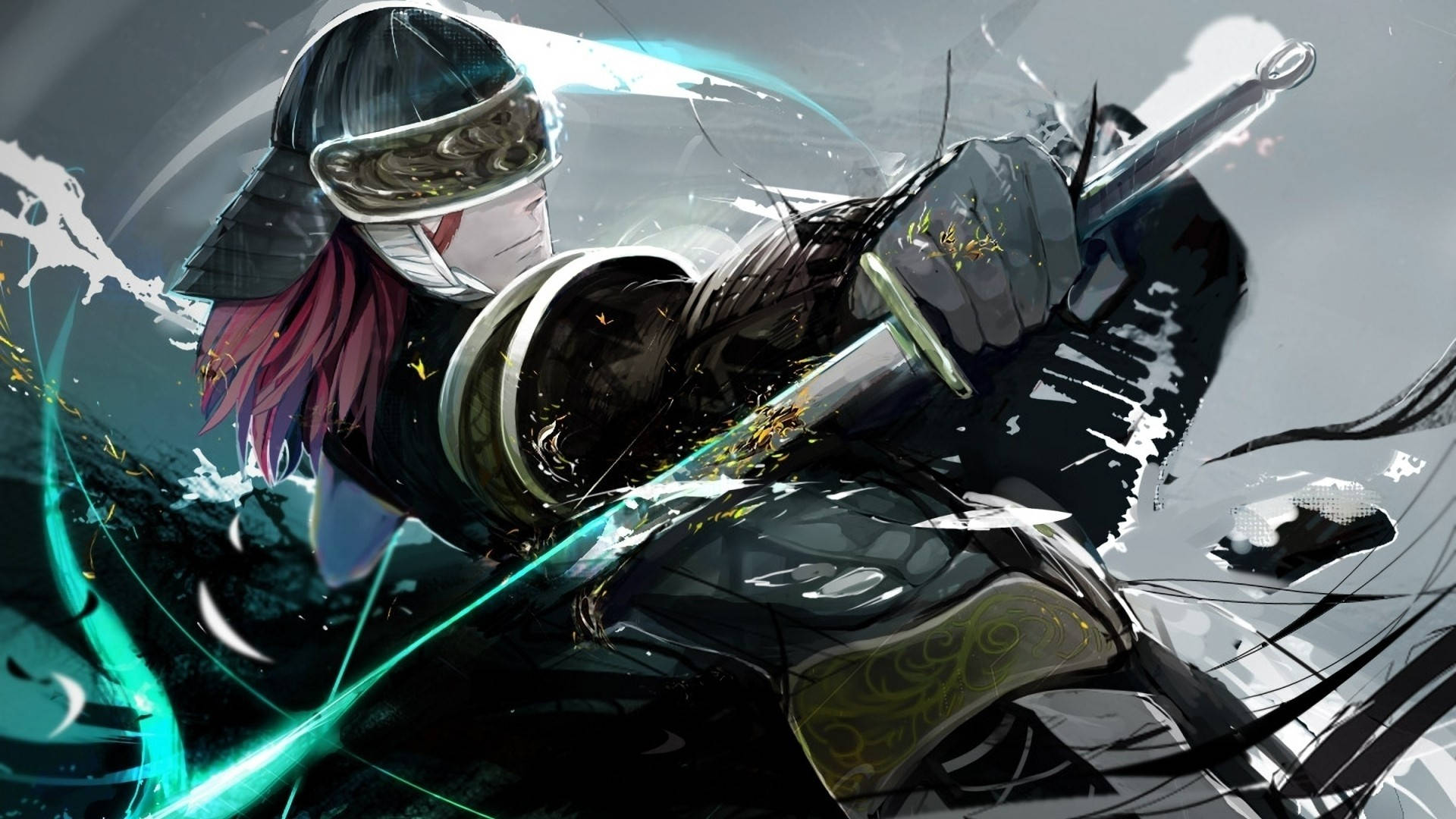 anime samurai, pink hair, glowing sword, Full HD Desktop Wallpaper