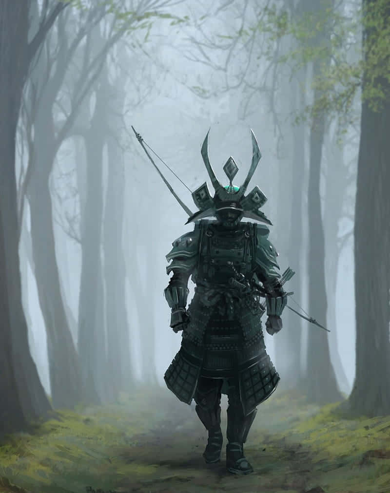 samurai warrior, dark green armor, misty forest, SD Phone Wallpaper