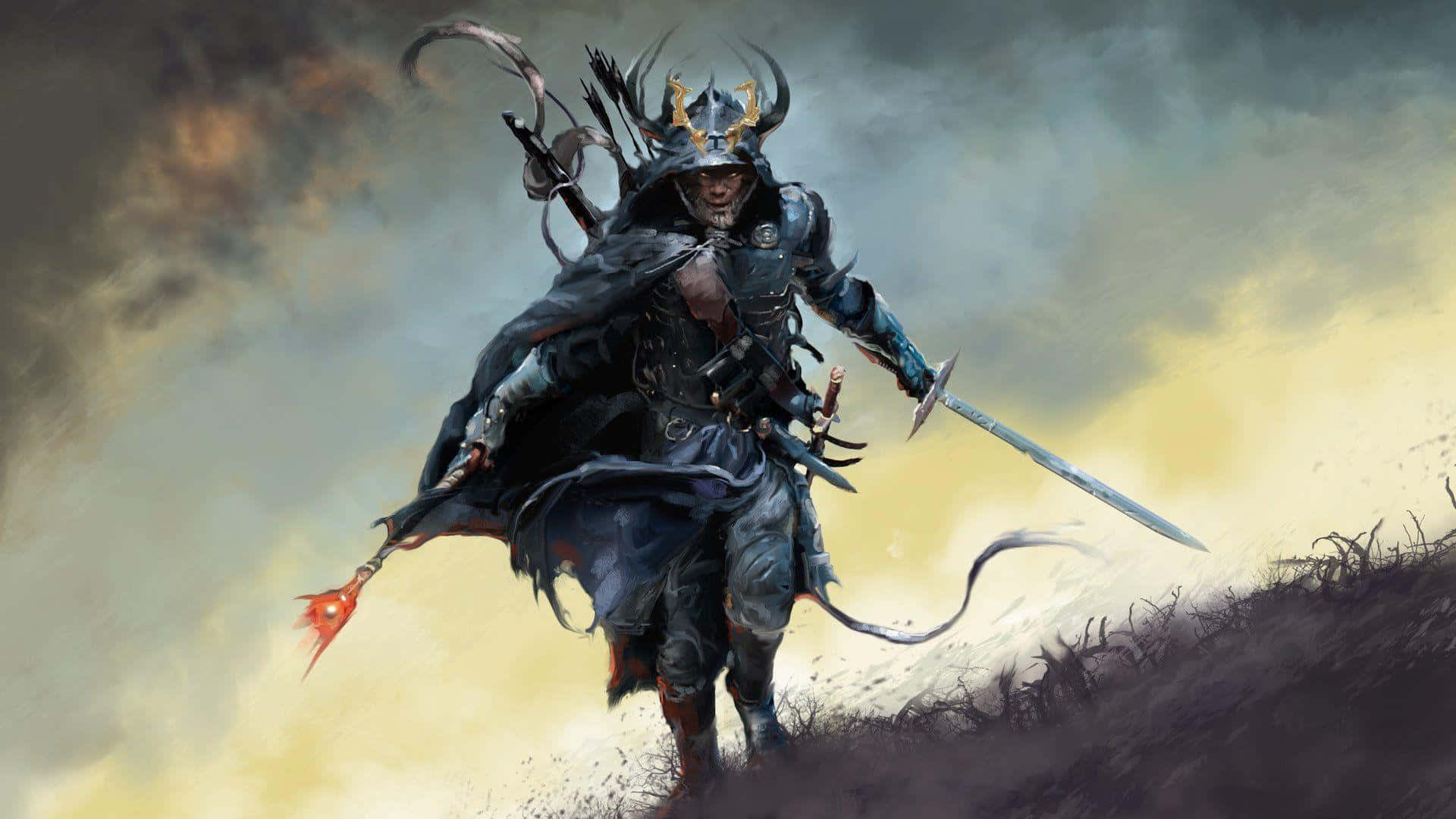 Samurai Warrior, horned helmet, flowing cape, Full HD Desktop Wallpaper