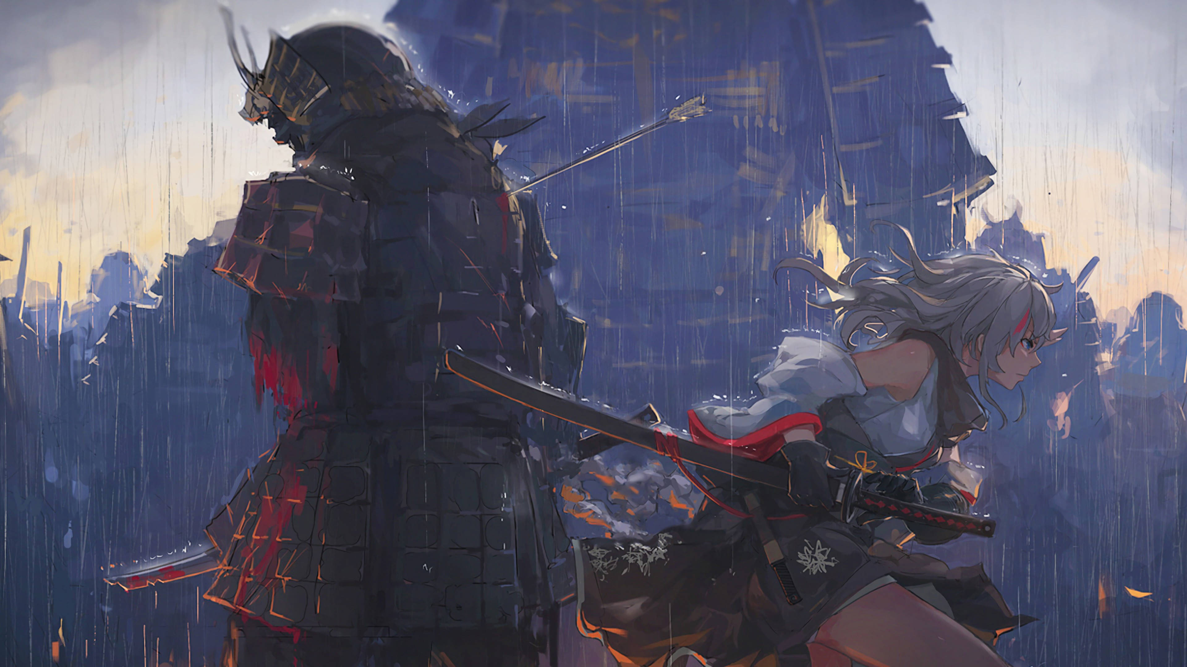samurai warrior, young swordsman, heavy rain, 4K Desktop Wallpaper