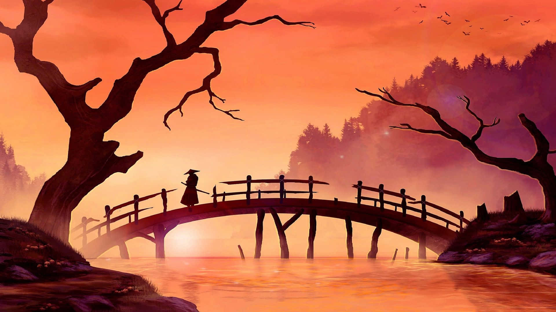 Samurai Warrior, wooden bridge, sunset, Full HD Desktop Wallpaper