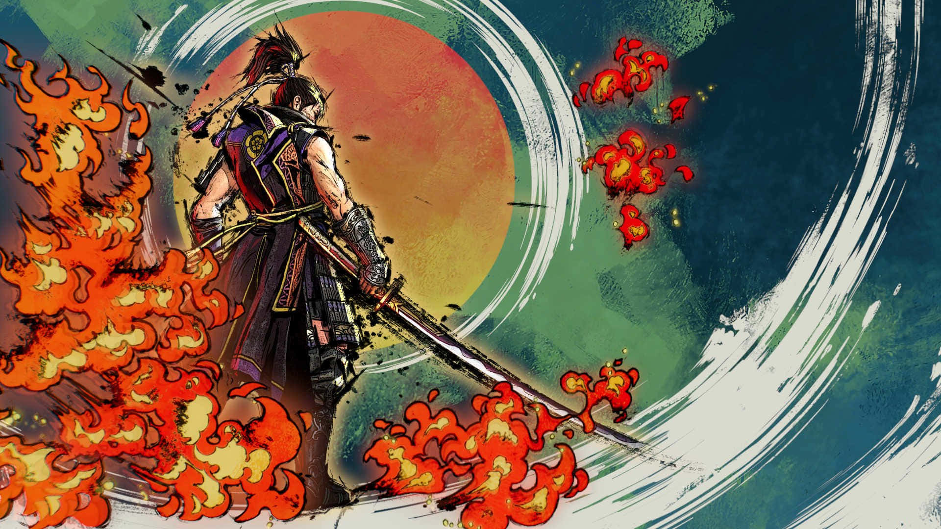 Samurai Warrior, dark armor, fiery orange sun, Full HD Desktop Wallpaper