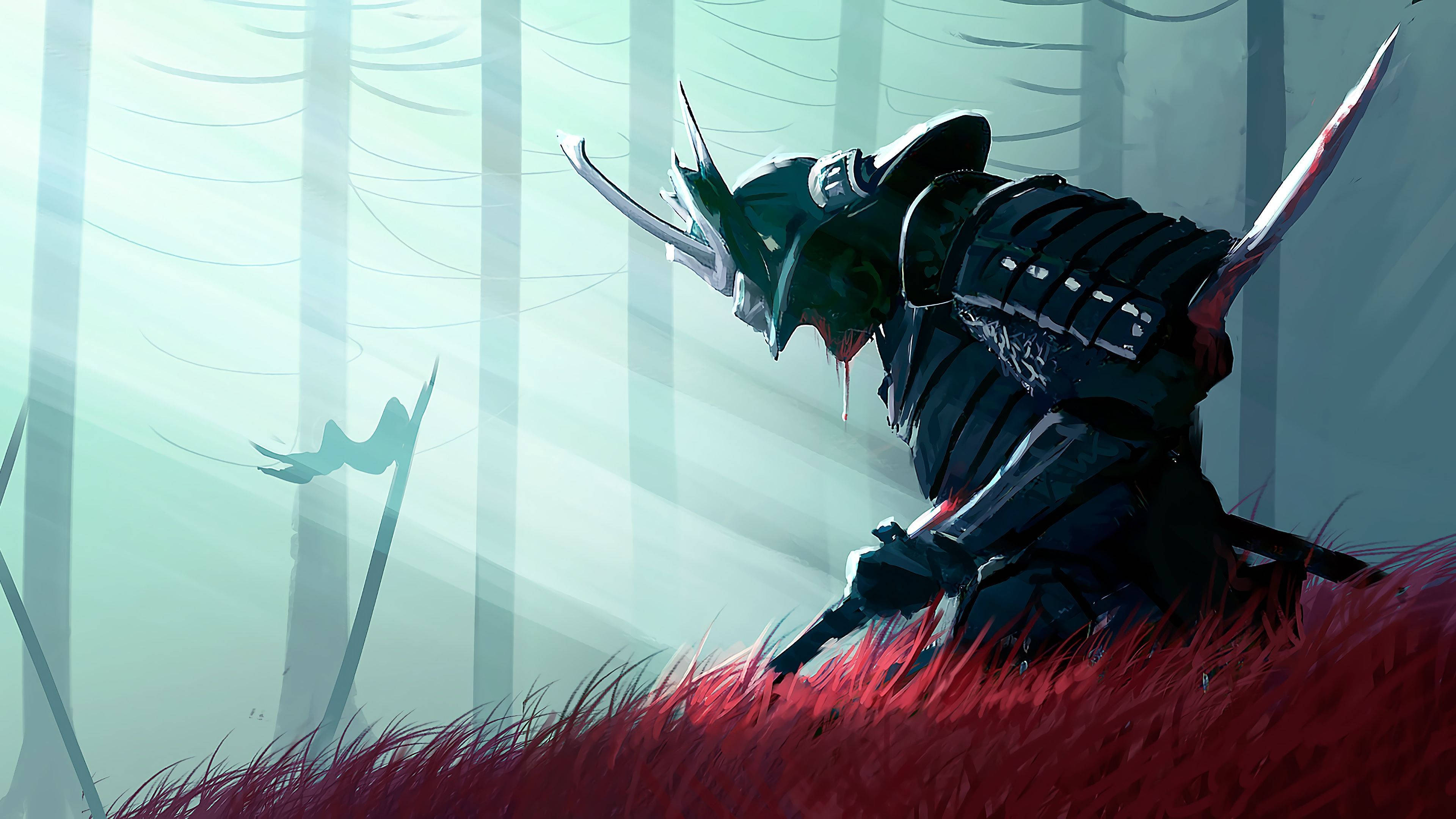 anime samurai, samurai warrior, vibrant red grass, 4K Desktop Wallpaper