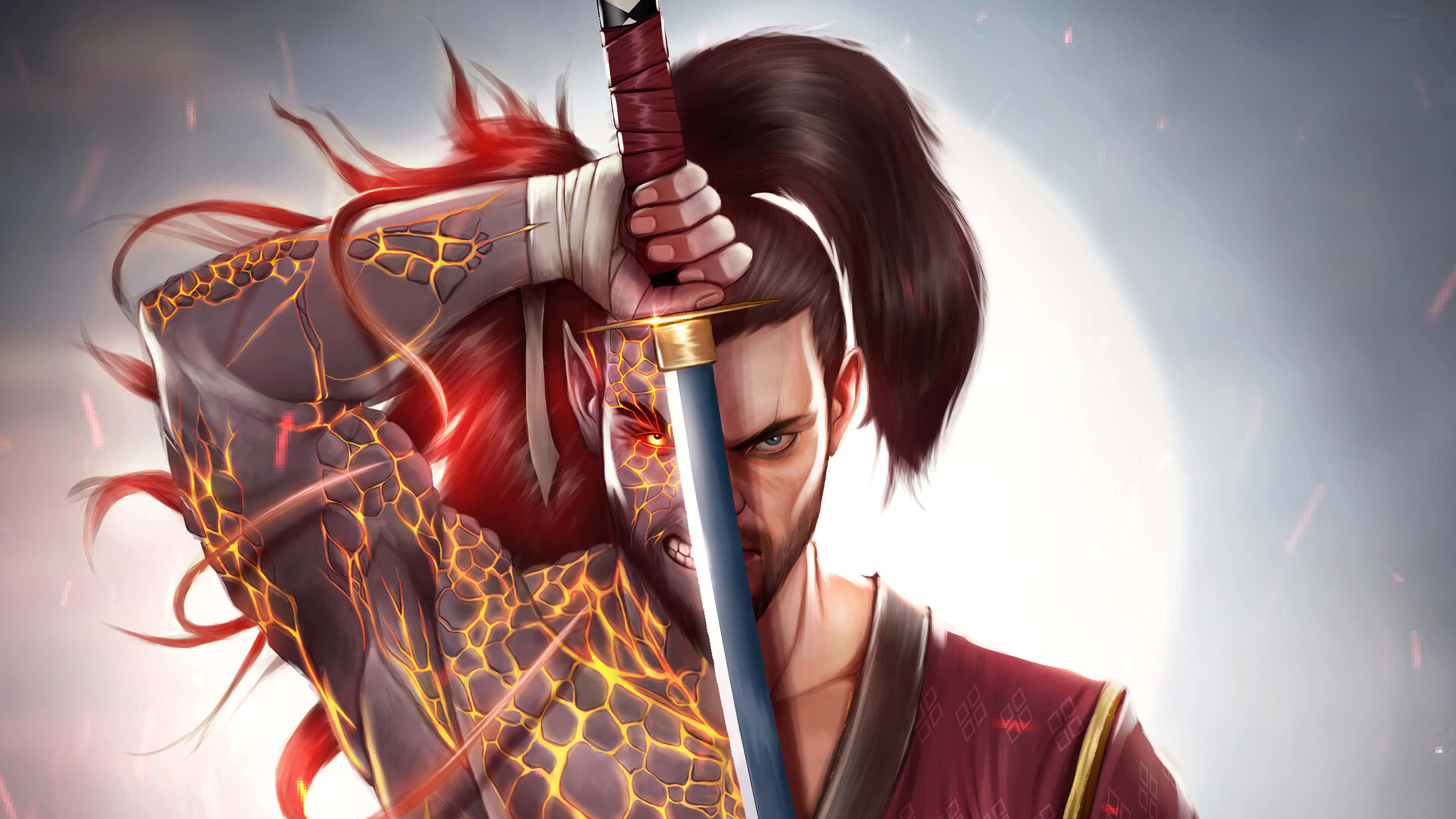 samurai warrior, glowing red tattoos, flowing hair, 4K Desktop Wallpaper