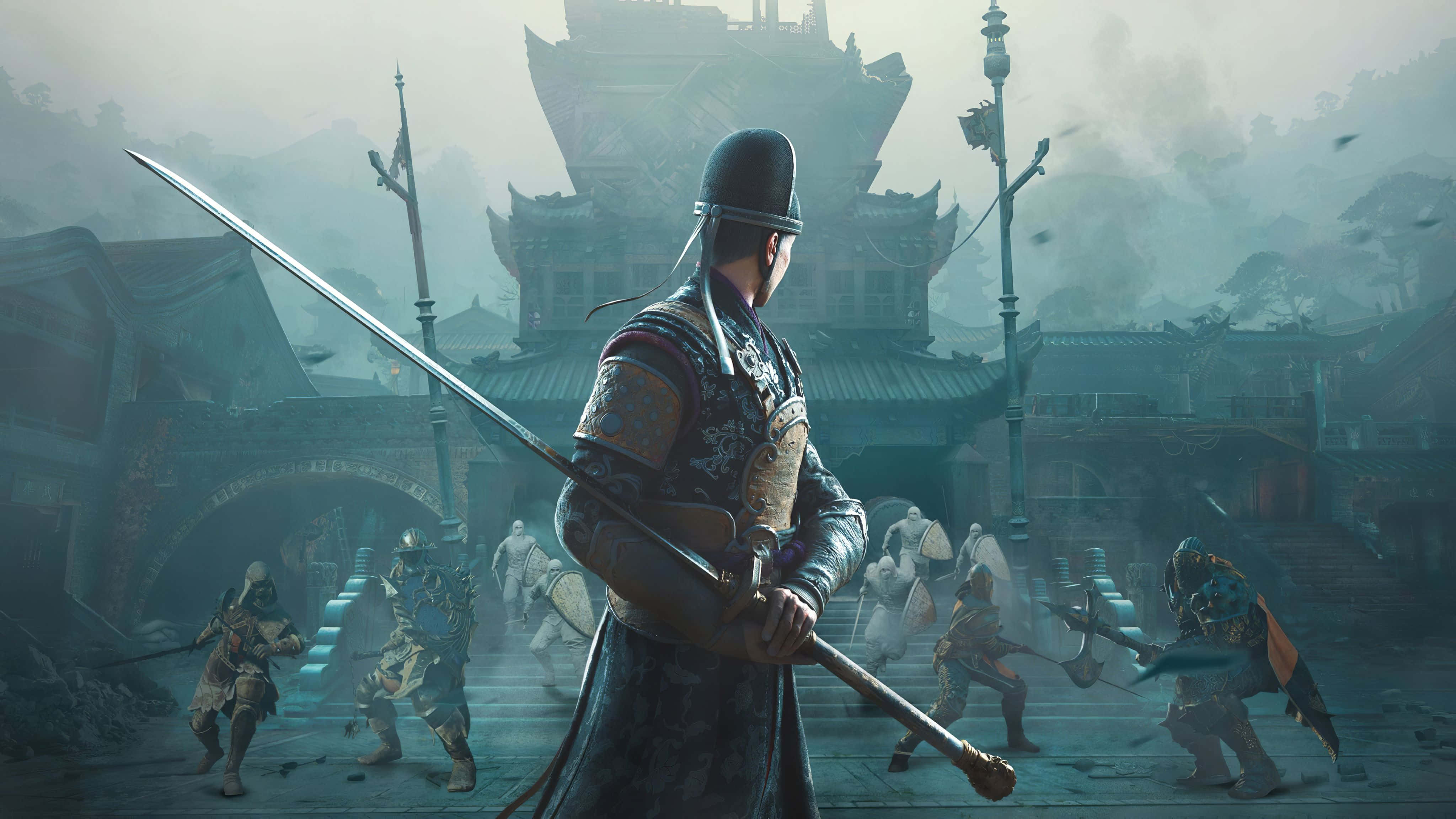 Samurai Warrior, longsword, misty ancient Chinese town, 4K Desktop Wallpaper