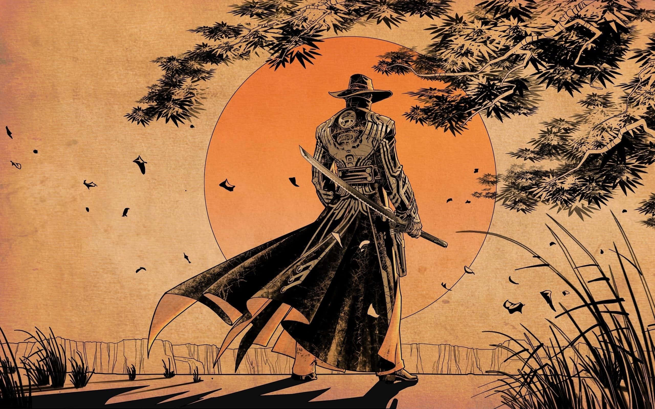 Samurai Warrior, bushido, glowing orange sun, 2K Desktop Wallpaper