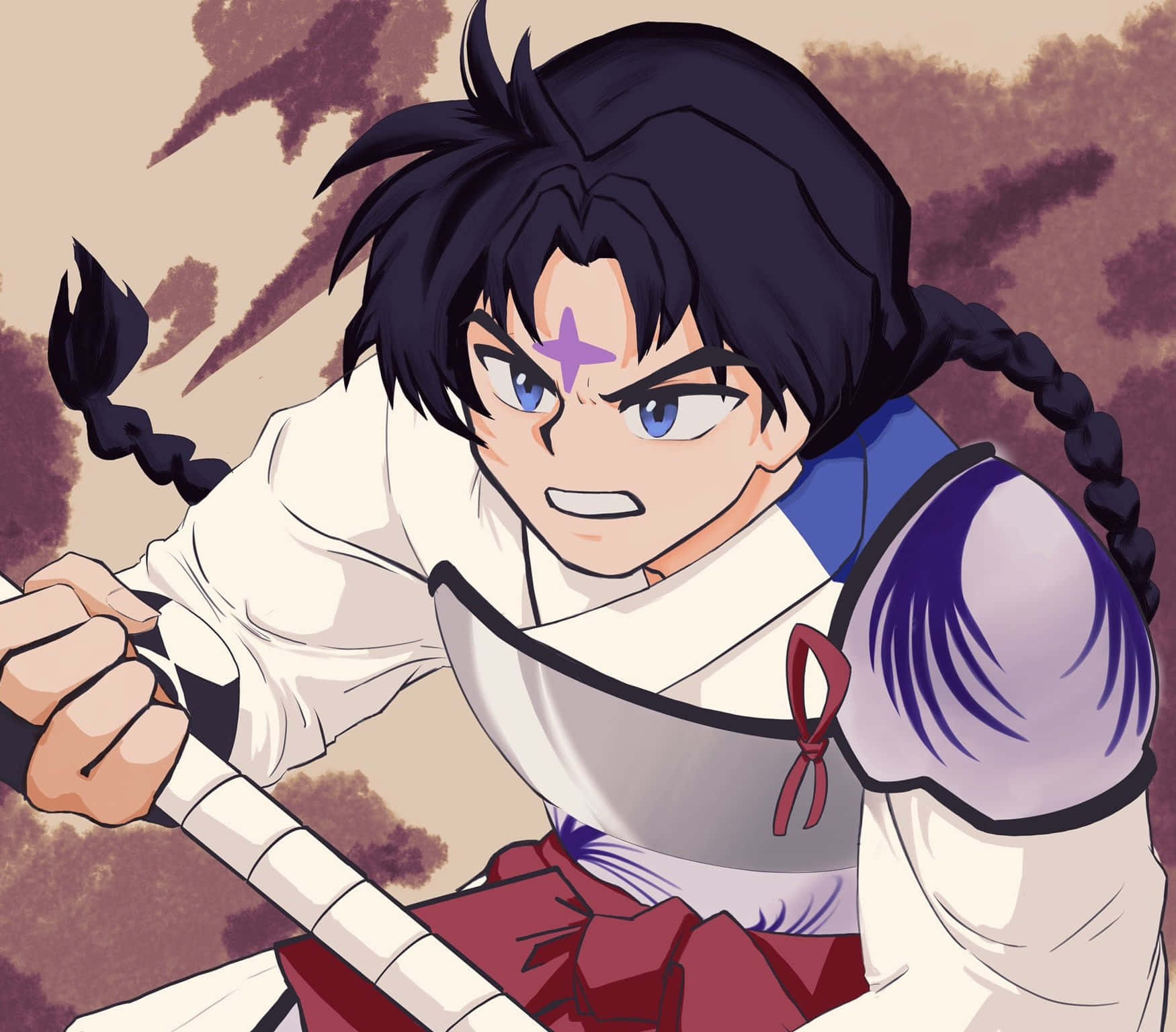 animated samurai warrior, dark braided hair, purple star mark, HD Desktop Wallpaper
