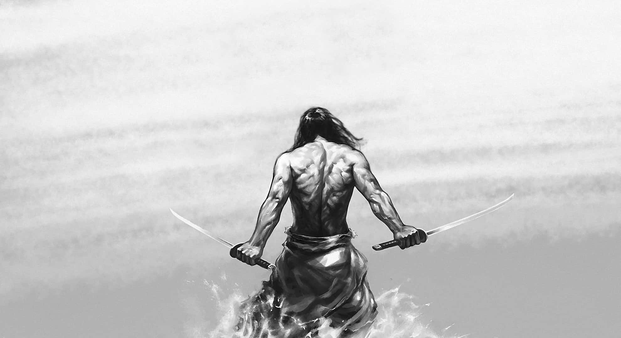 samurai warrior, long hair, water, Full HD Desktop Wallpaper