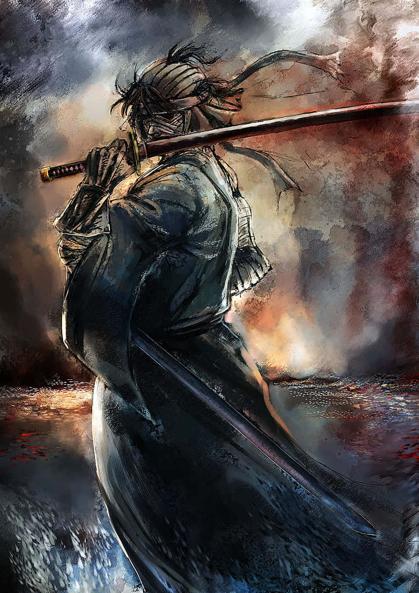 samurai warrior, sword over his shoulder, stormy battlefield, SD Phone Wallpaper