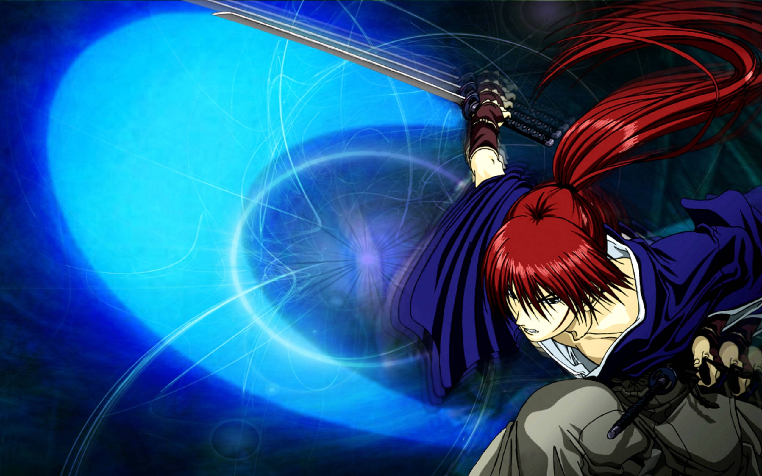 Samurai X Kenshin, red-haired anime warrior, glowing blue sword, 2K Desktop Wallpaper