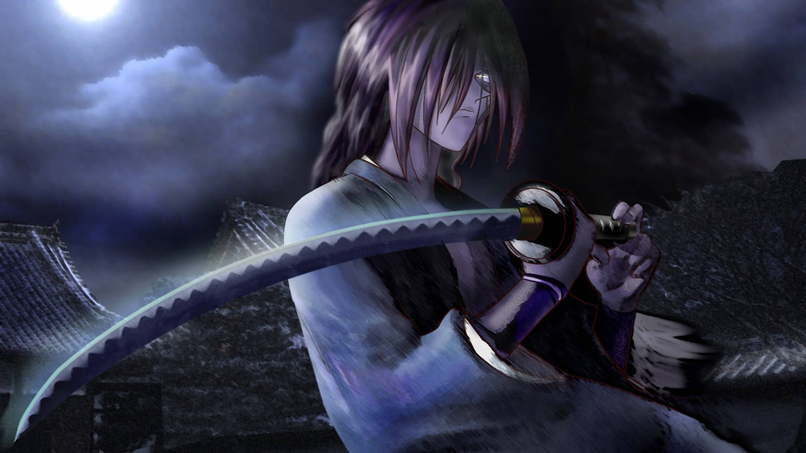 Samurai X Kenshin, full moon, moonlit night, 2K Desktop Wallpaper