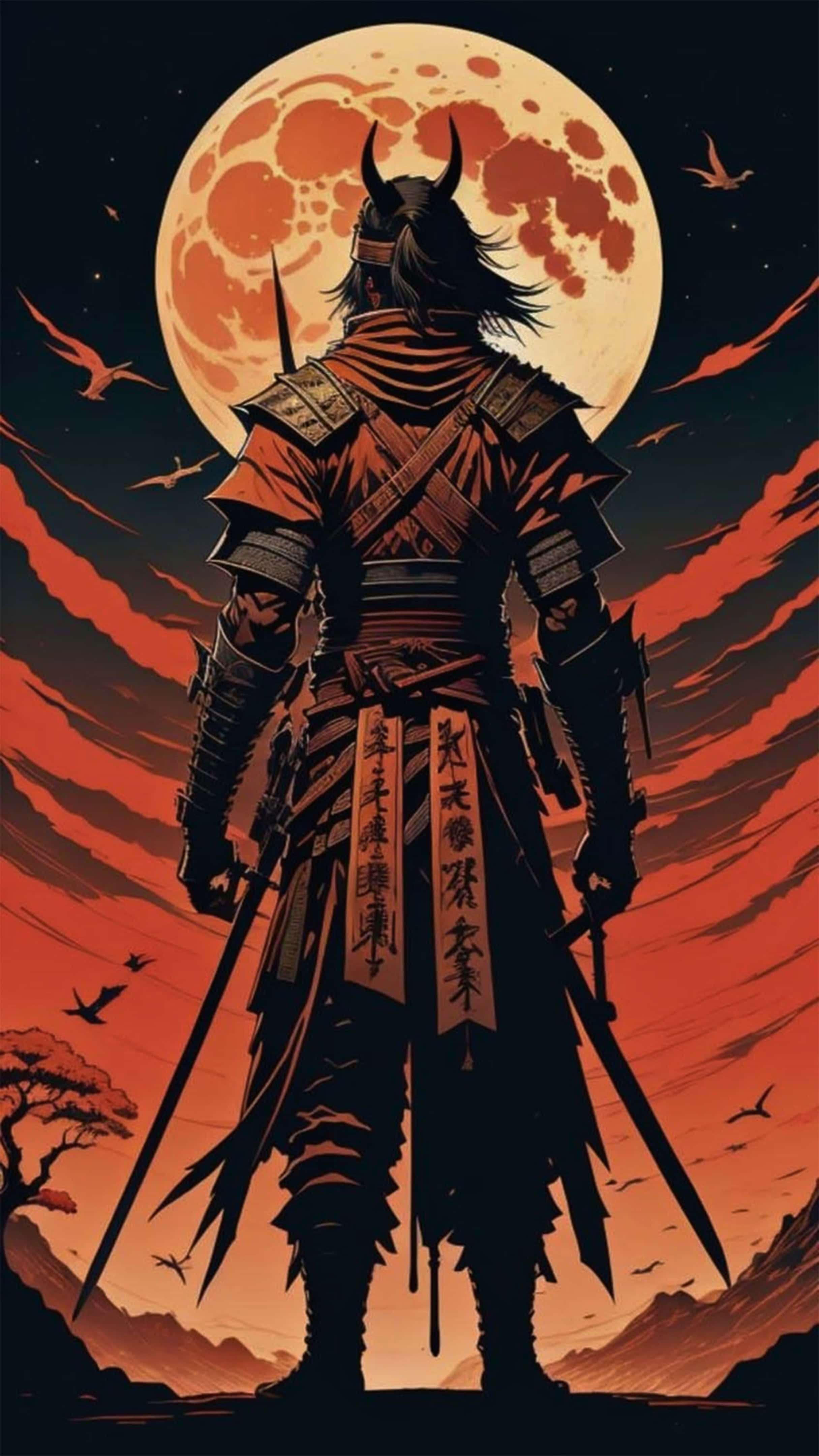 2 sword samurai, ornate armor, blood red moon, 4K Phone Wallpaper