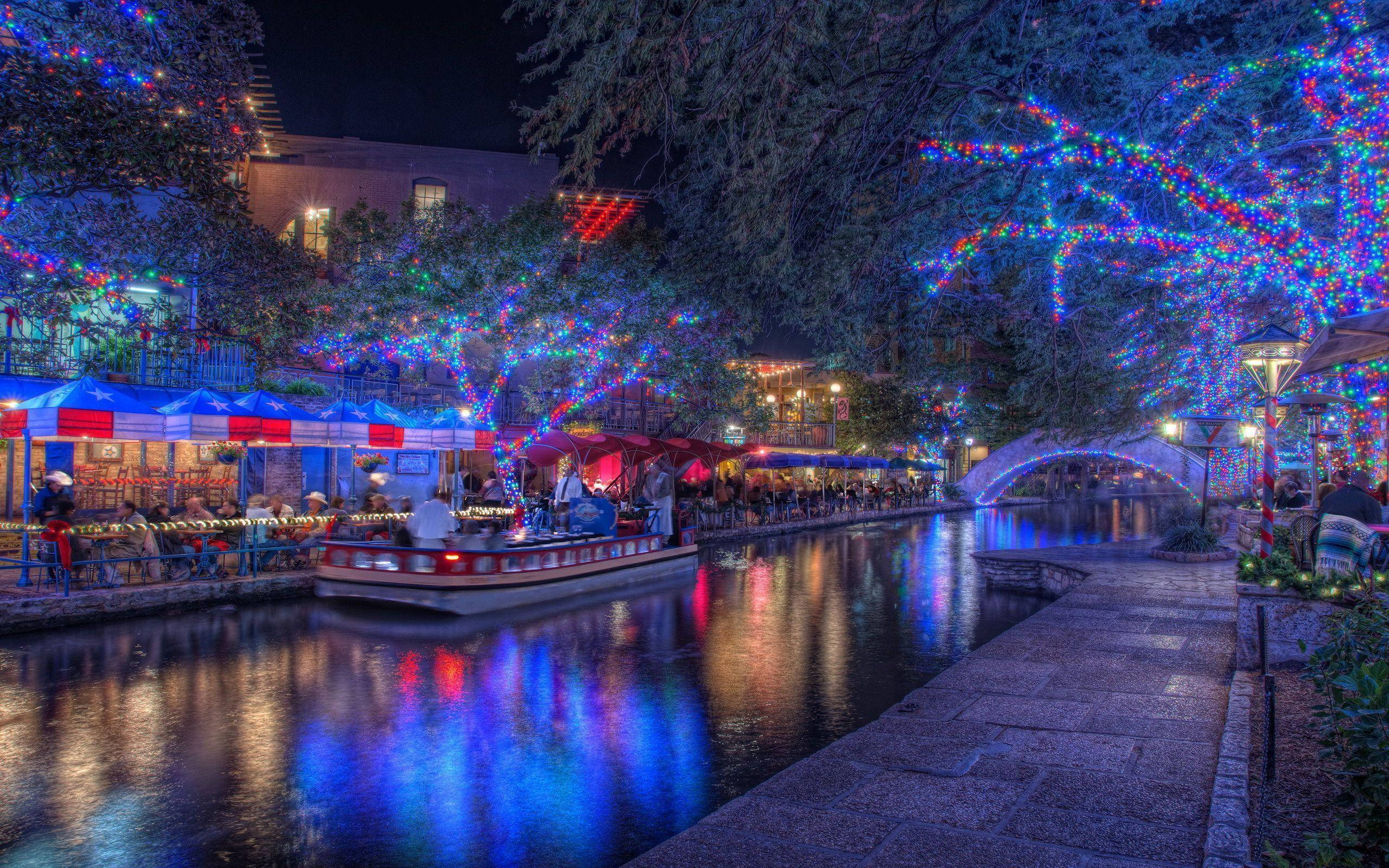 San Antonio River Walk, blue lights, vibrant blue red and white lights, 2K Desktop Wallpaper