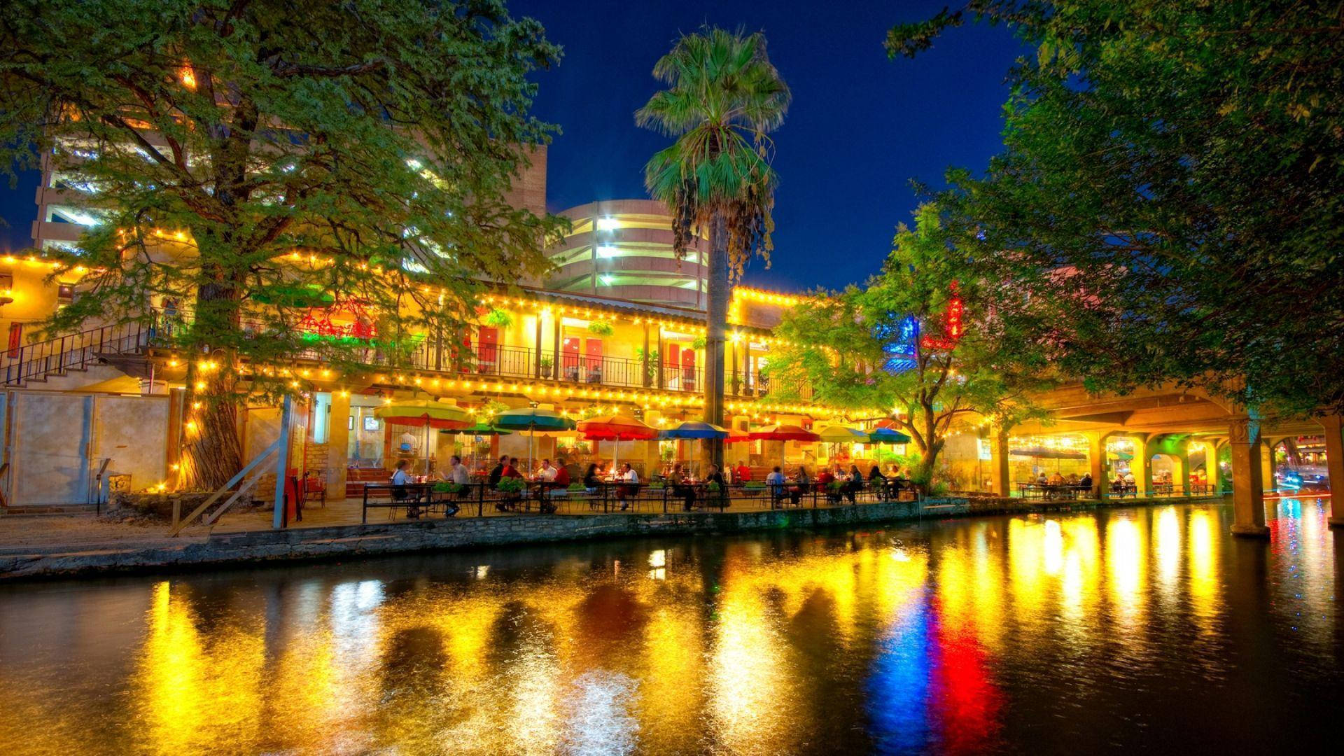 San Antonio River Walk, golden lights, glowing string lights, Full HD Desktop Wallpaper