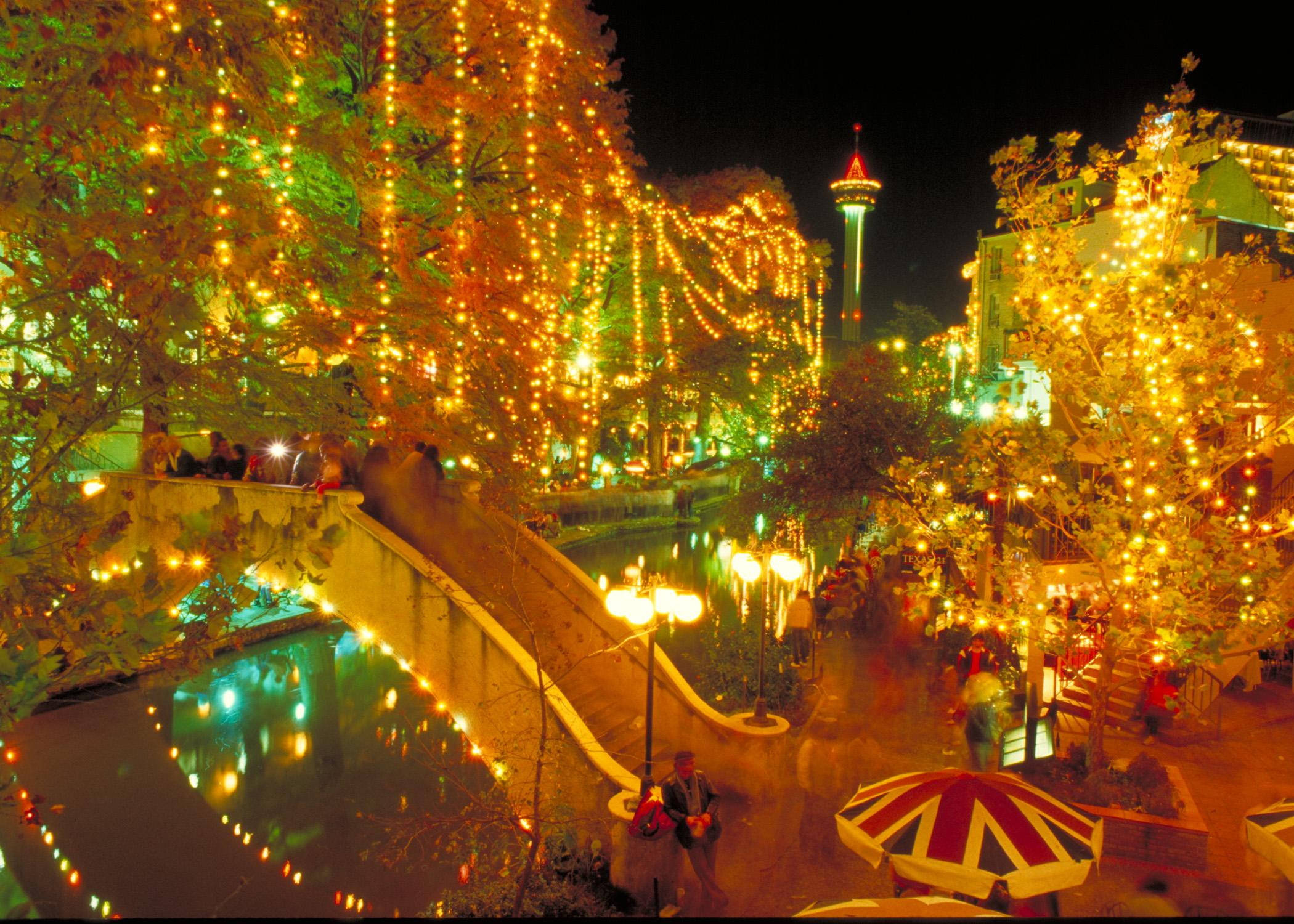 San Antonio River Walk, golden fairy lights, canal, Full HD Desktop Wallpaper