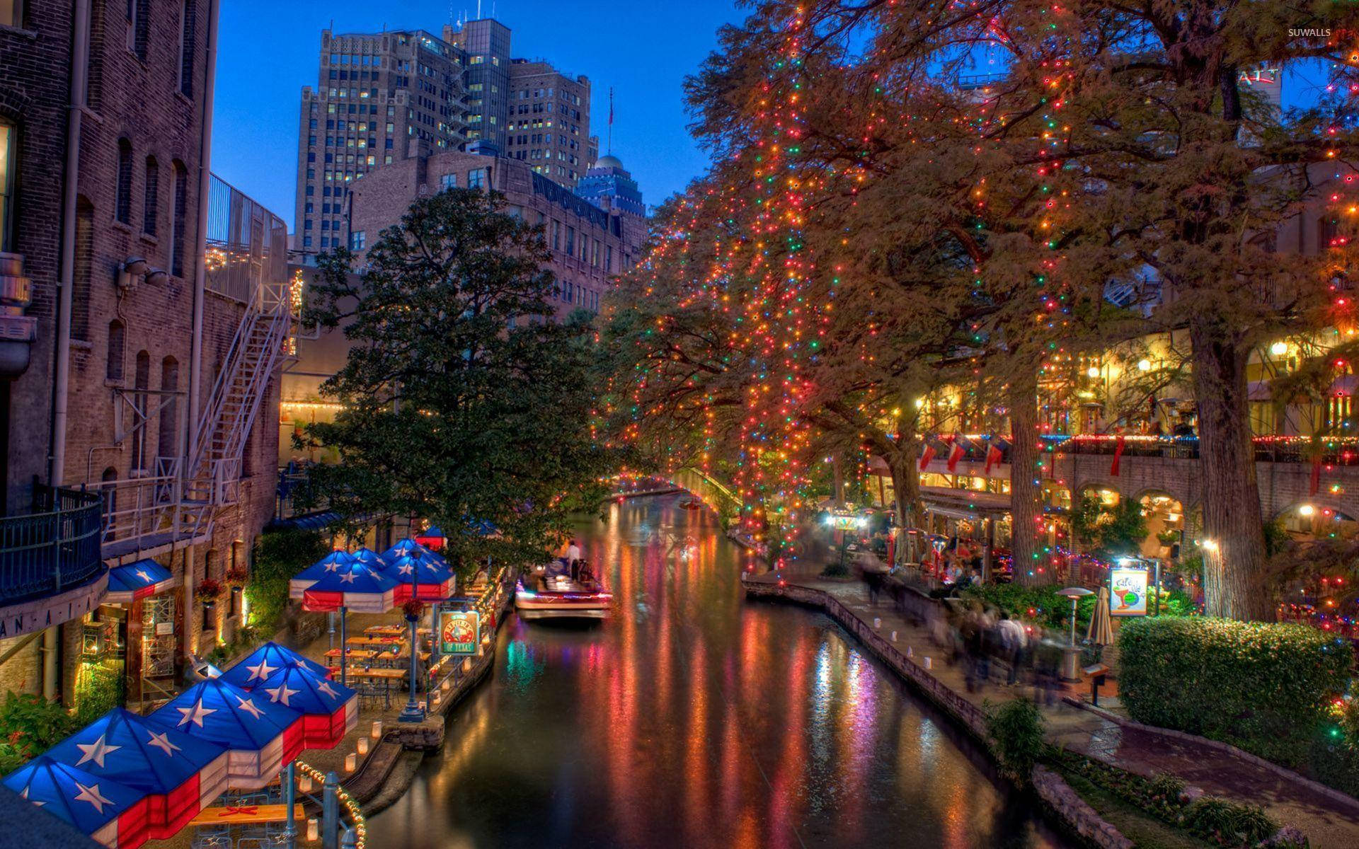 San Antonio River Walk, evening lights, colorful string lights, Full HD Desktop Wallpaper