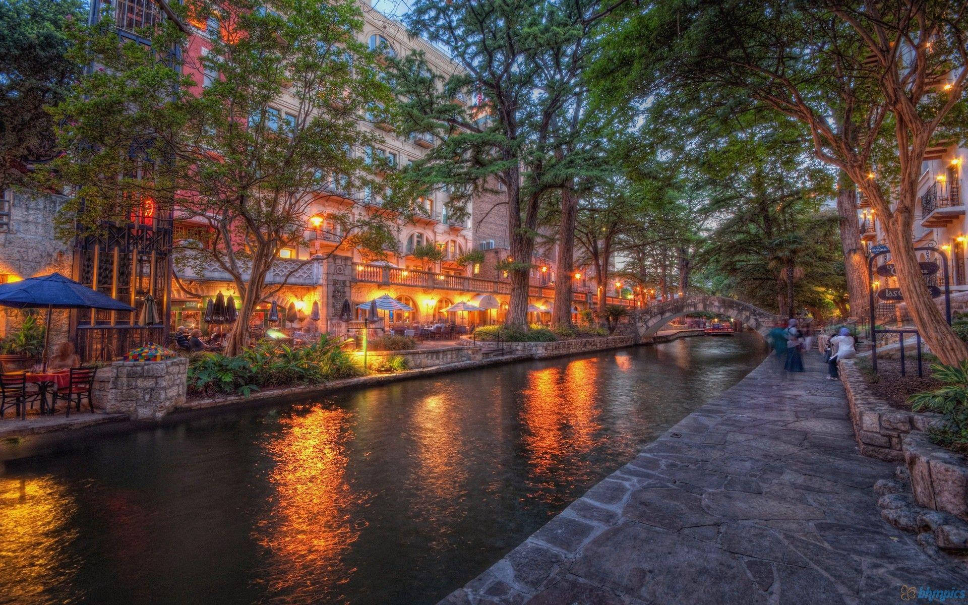 San Antonio River Walk, night lights, dusk, Full HD Desktop Wallpaper