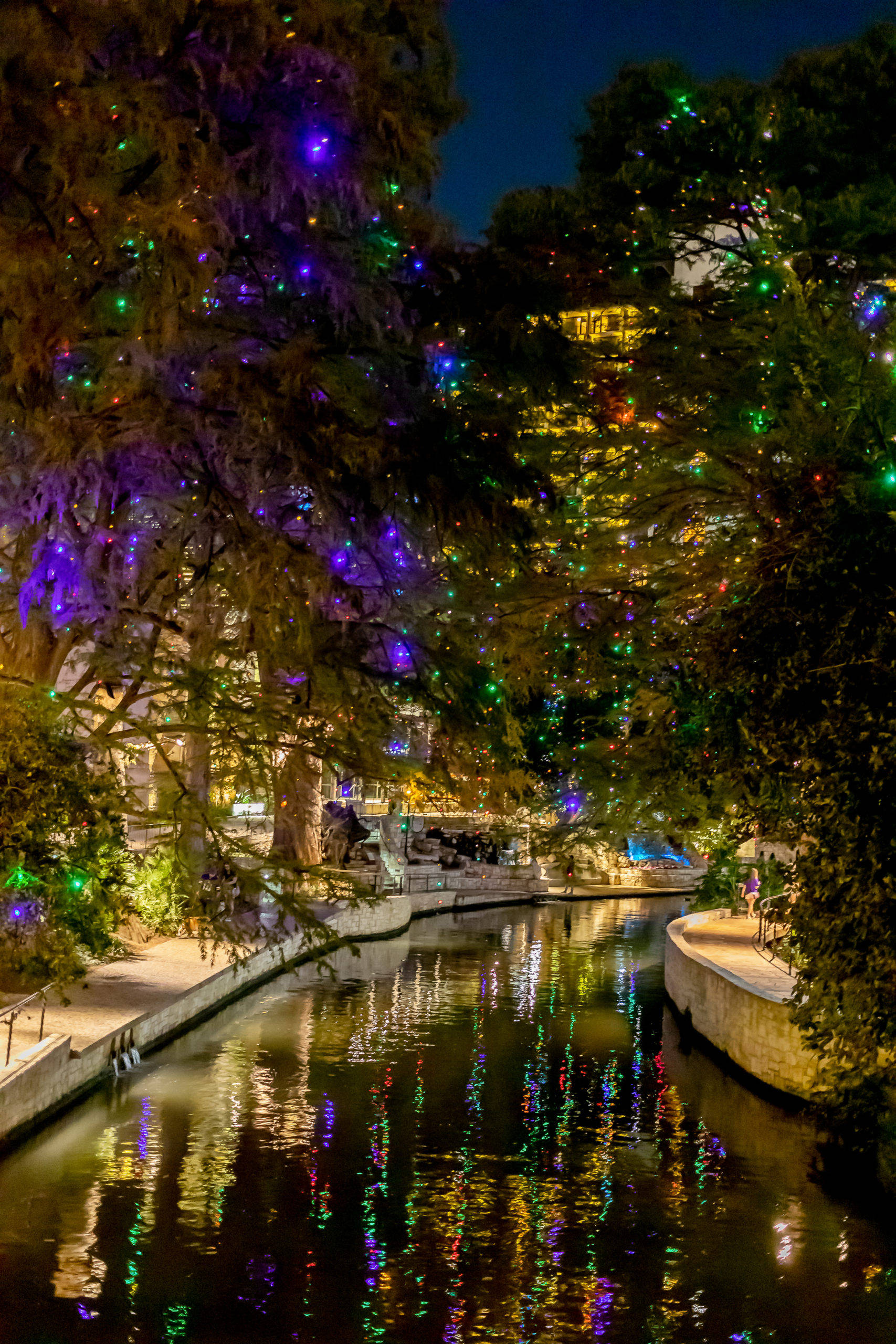 San Antonio River Walk, holiday lights, nighttime canal, 2K Phone Wallpaper