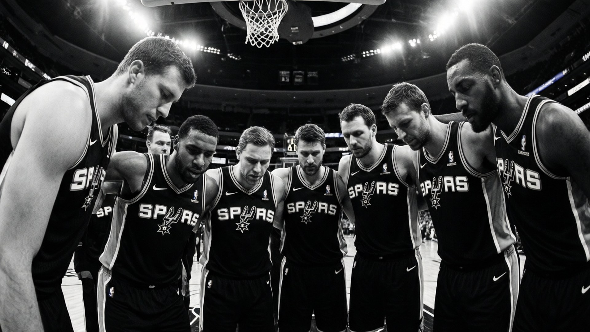 San Antonio Spurs, black and white photo, arena lights, Full HD Desktop Wallpaper