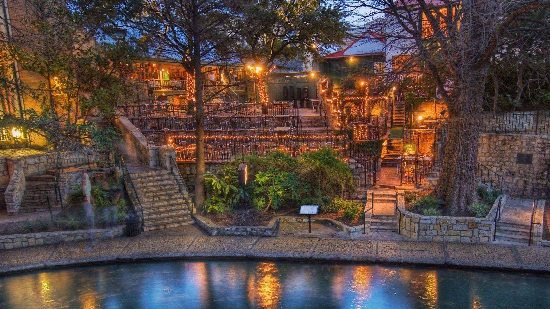 San Antonio, twilight, twinkling string lights, Full HD Desktop Wallpaper