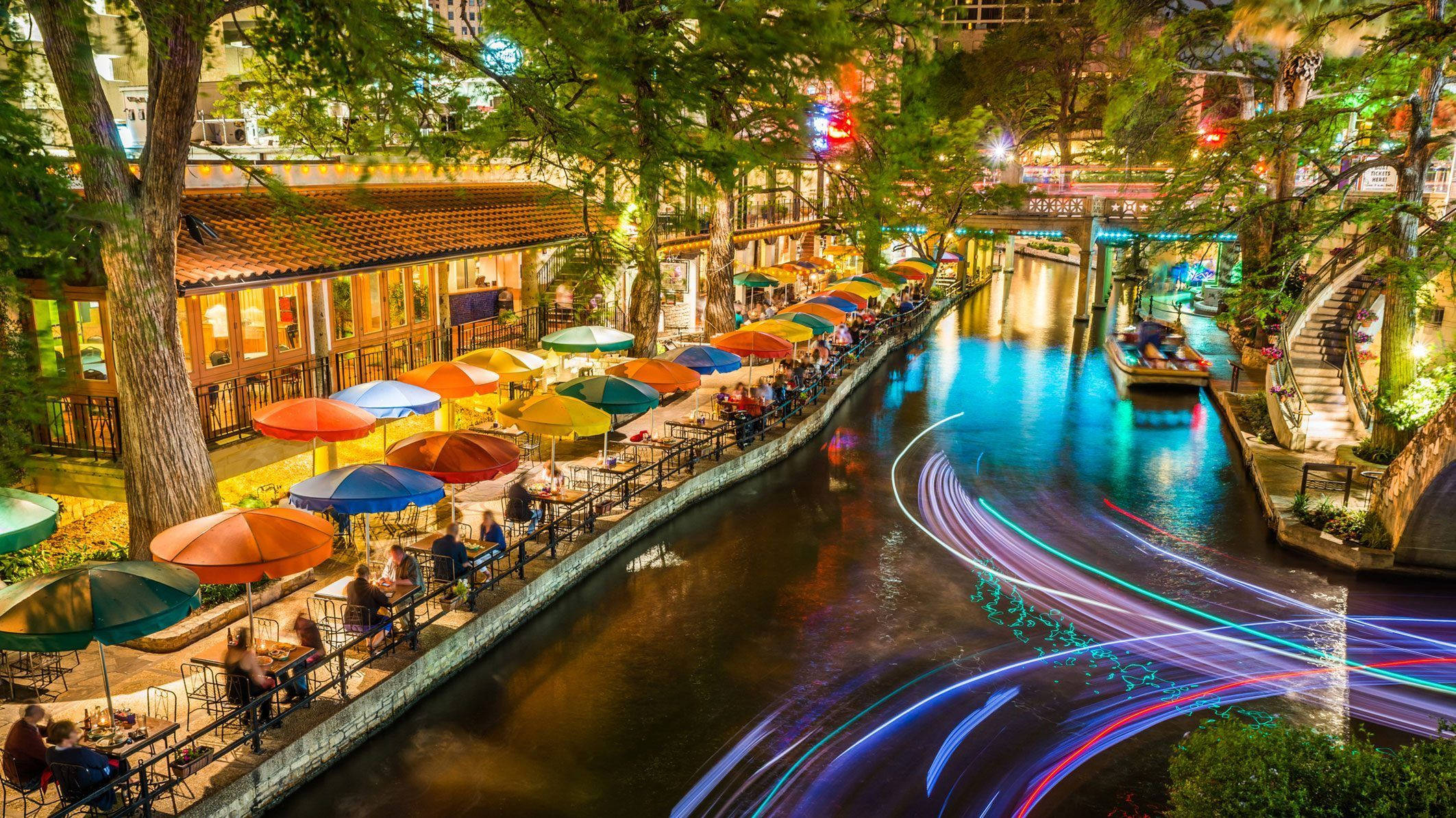 San Antonio, canal, colorful umbrellas, Full HD Desktop Wallpaper