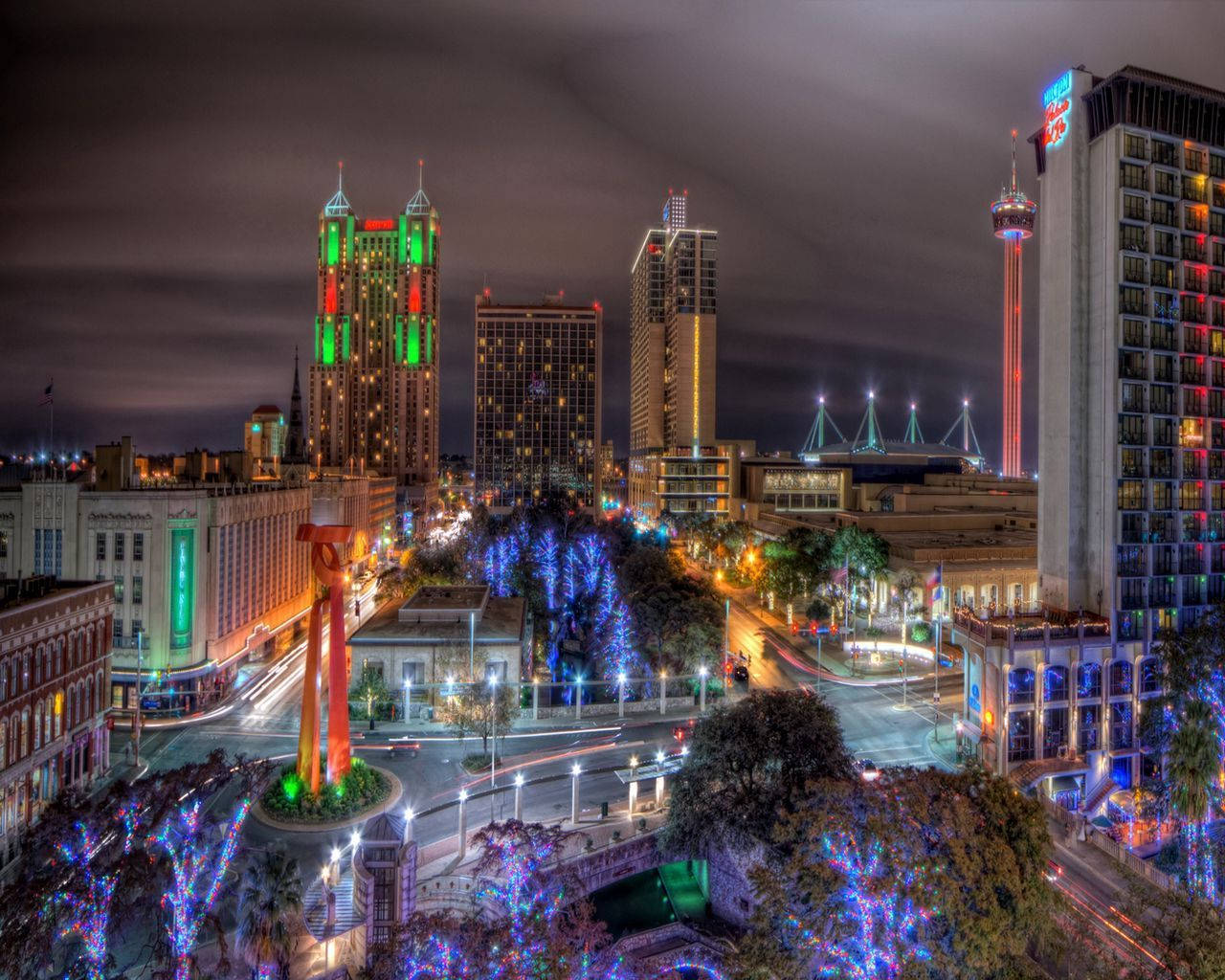 San Antonio, nighttime cityscape, illuminated skyscrapers, HD Desktop Wallpaper