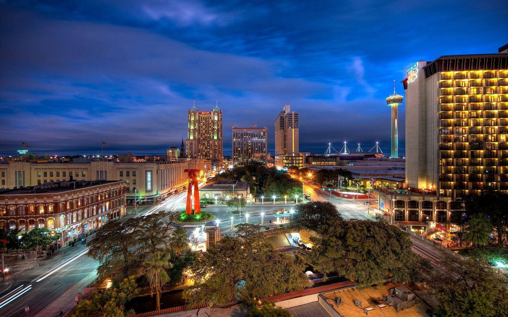 San Antonio, dusk, illuminated skyscrapers, HD Desktop Wallpaper