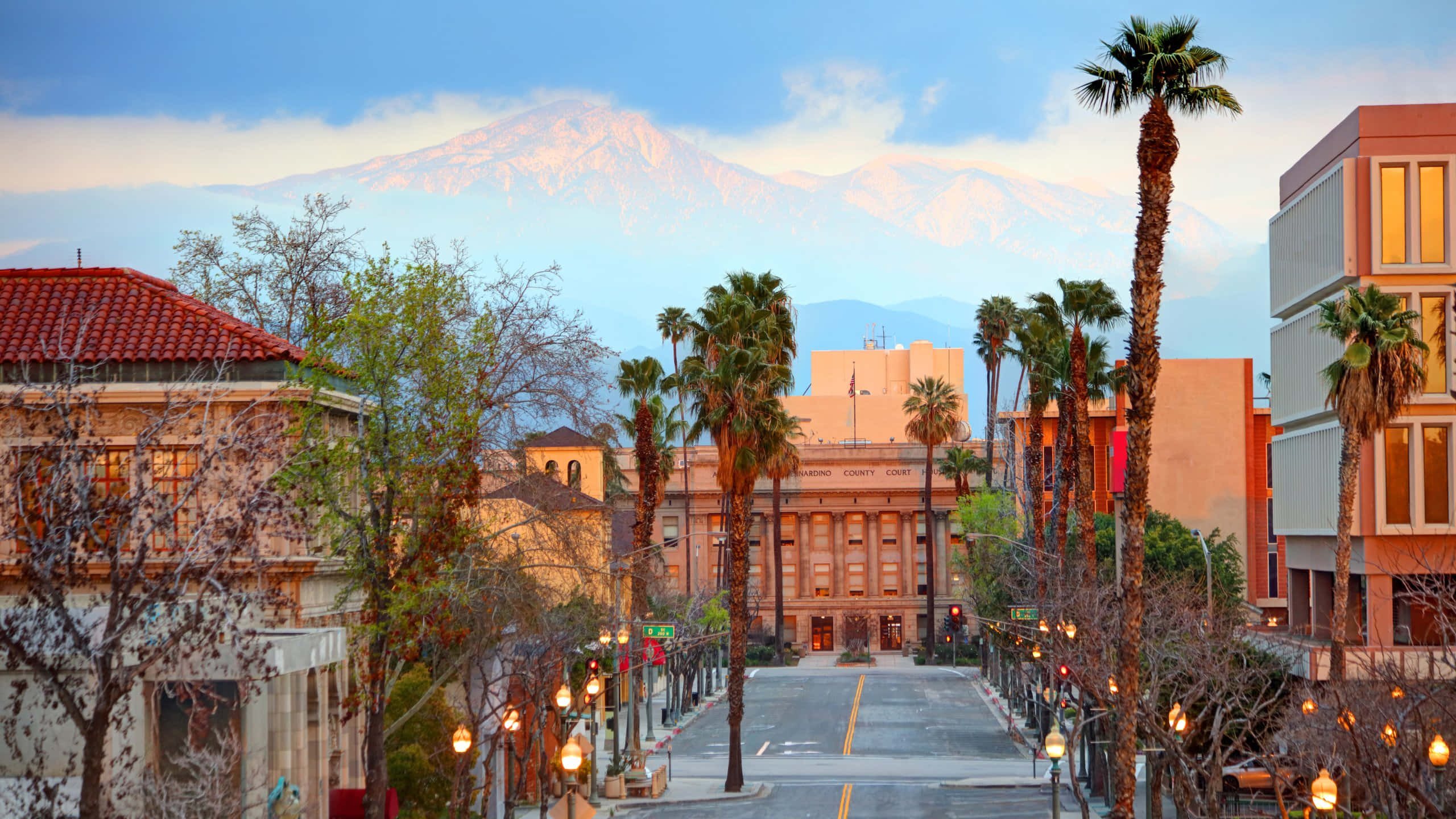 San Bernardino, downtown street view, palm trees, 2K Desktop Wallpaper