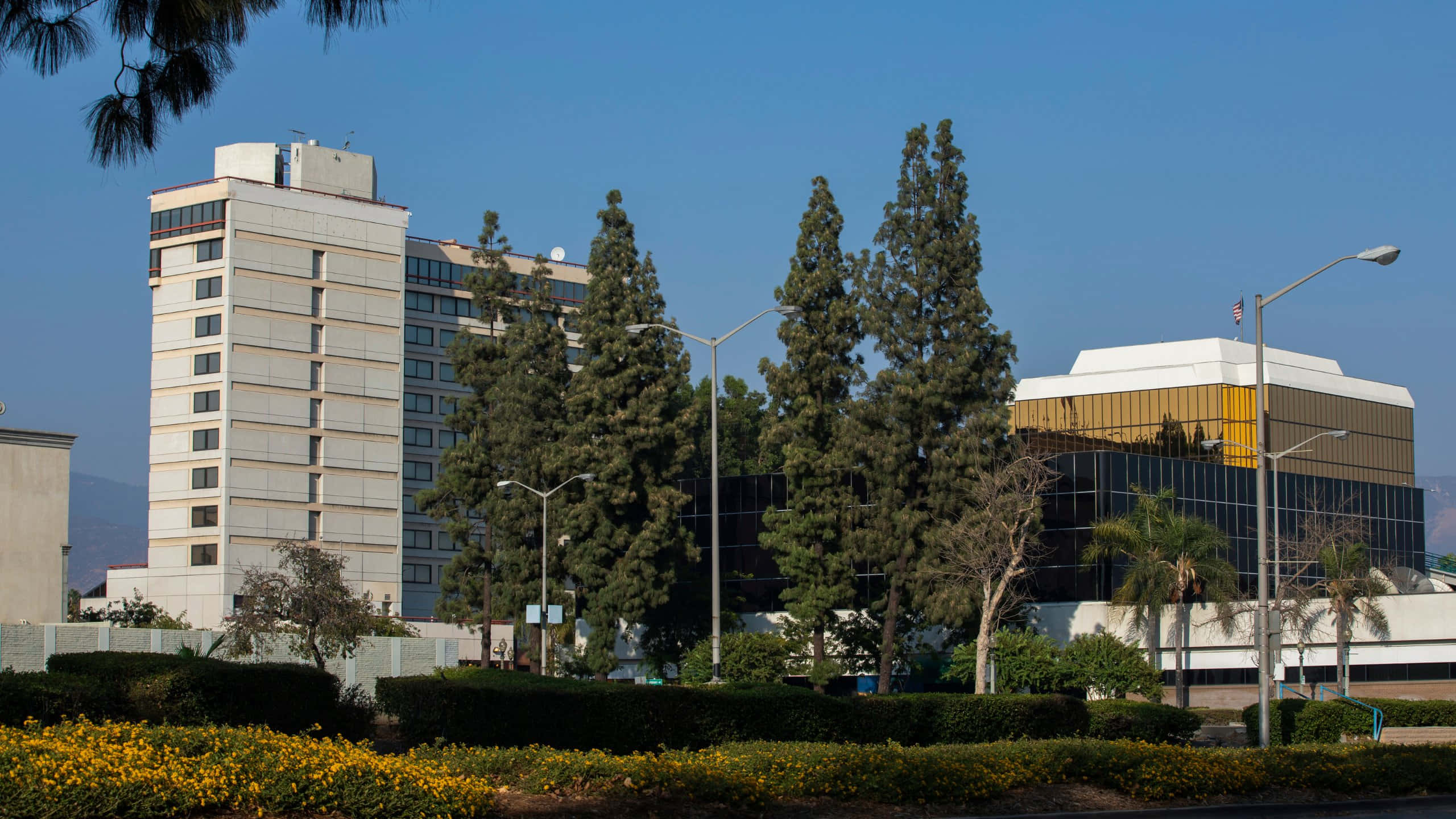 San Bernardino, glass facades, beige facades, 2K Desktop Wallpaper