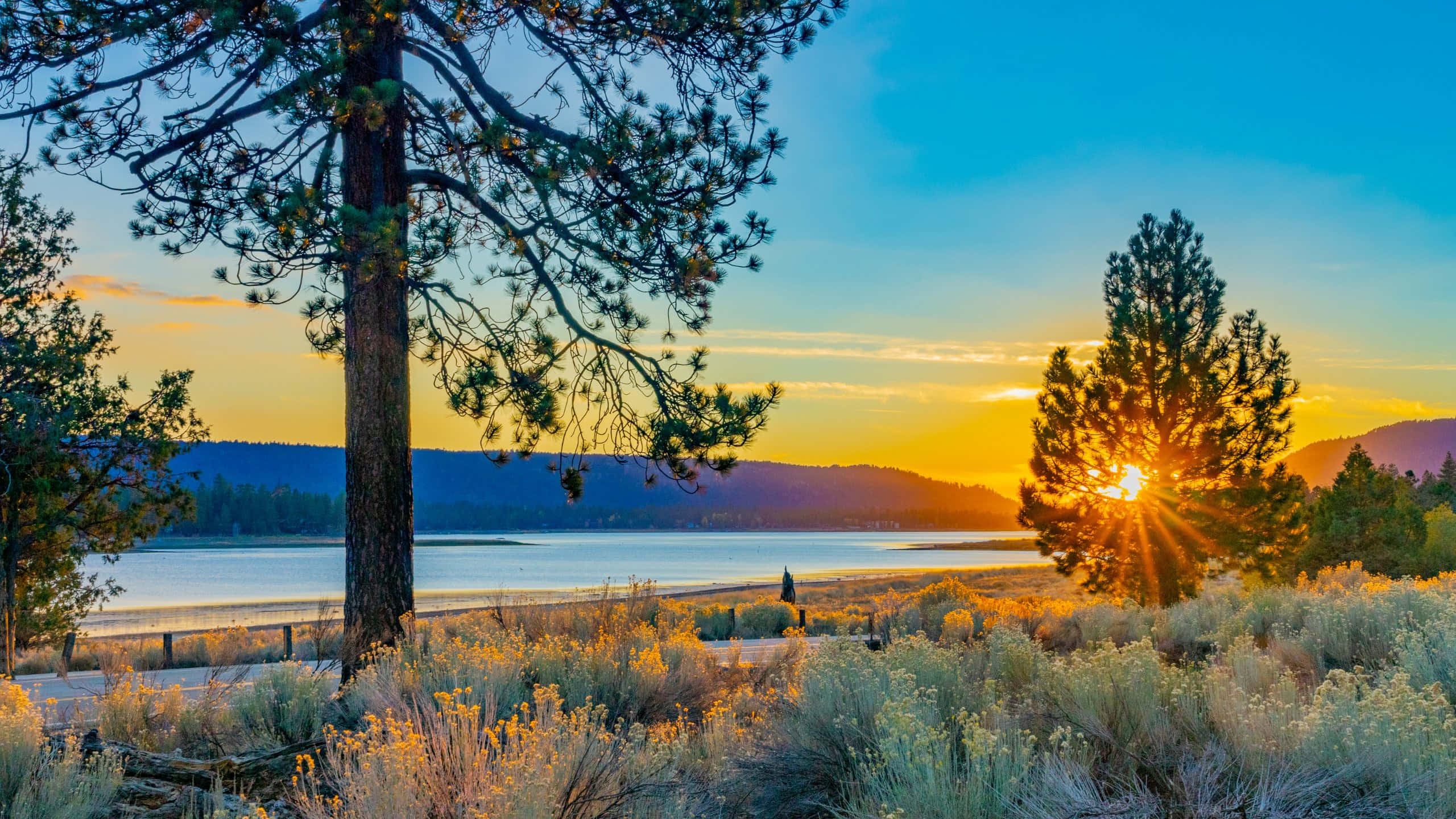 San Bernardino, sunset, lake, 2K Desktop Wallpaper