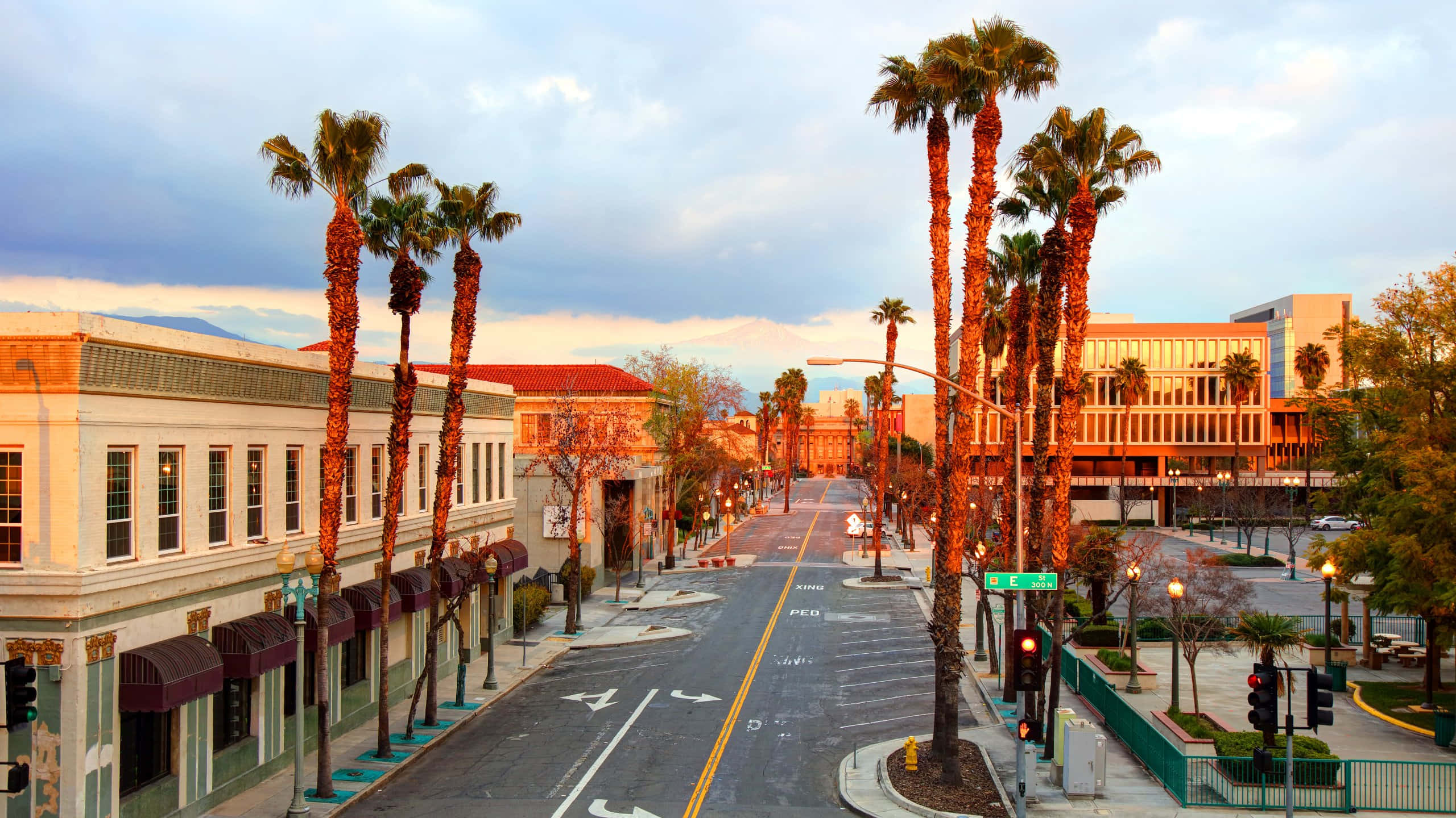 San Bernardino, downtown street view, palm trees, 2K Desktop Wallpaper