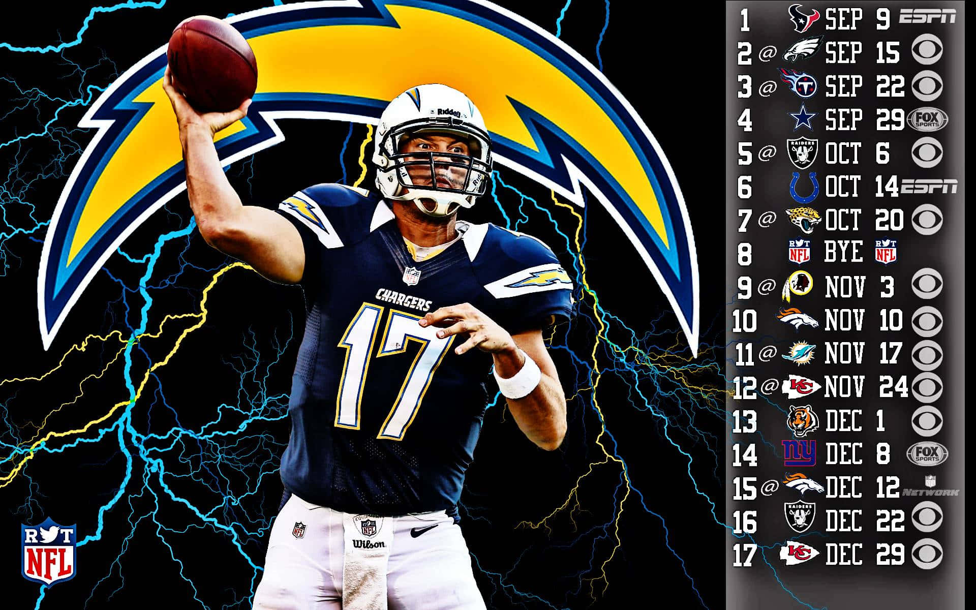 San Diego Chargers, quarterback, lightning-filled backdrop, Full HD Desktop Wallpaper