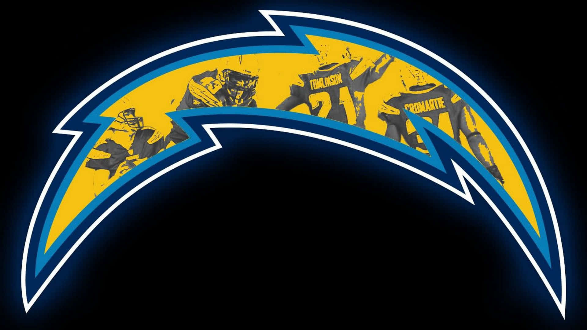 San Diego Chargers, glowing blue and yellow lightning bolt logo, silhouetted football players in action, Full HD Desktop Wallpaper
