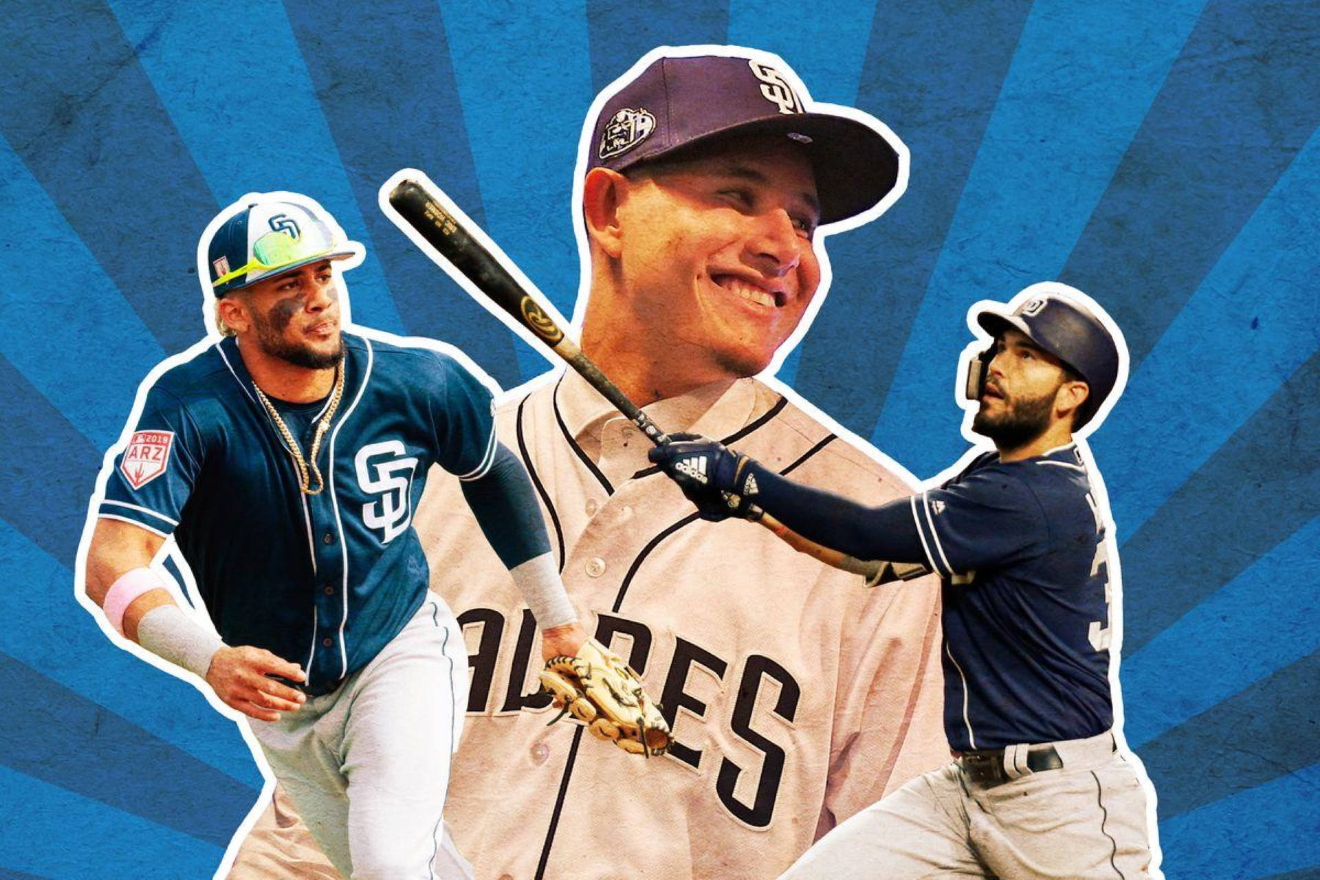 San Diego Padres, baseball players, vibrant blue radial background, Full HD Desktop Wallpaper