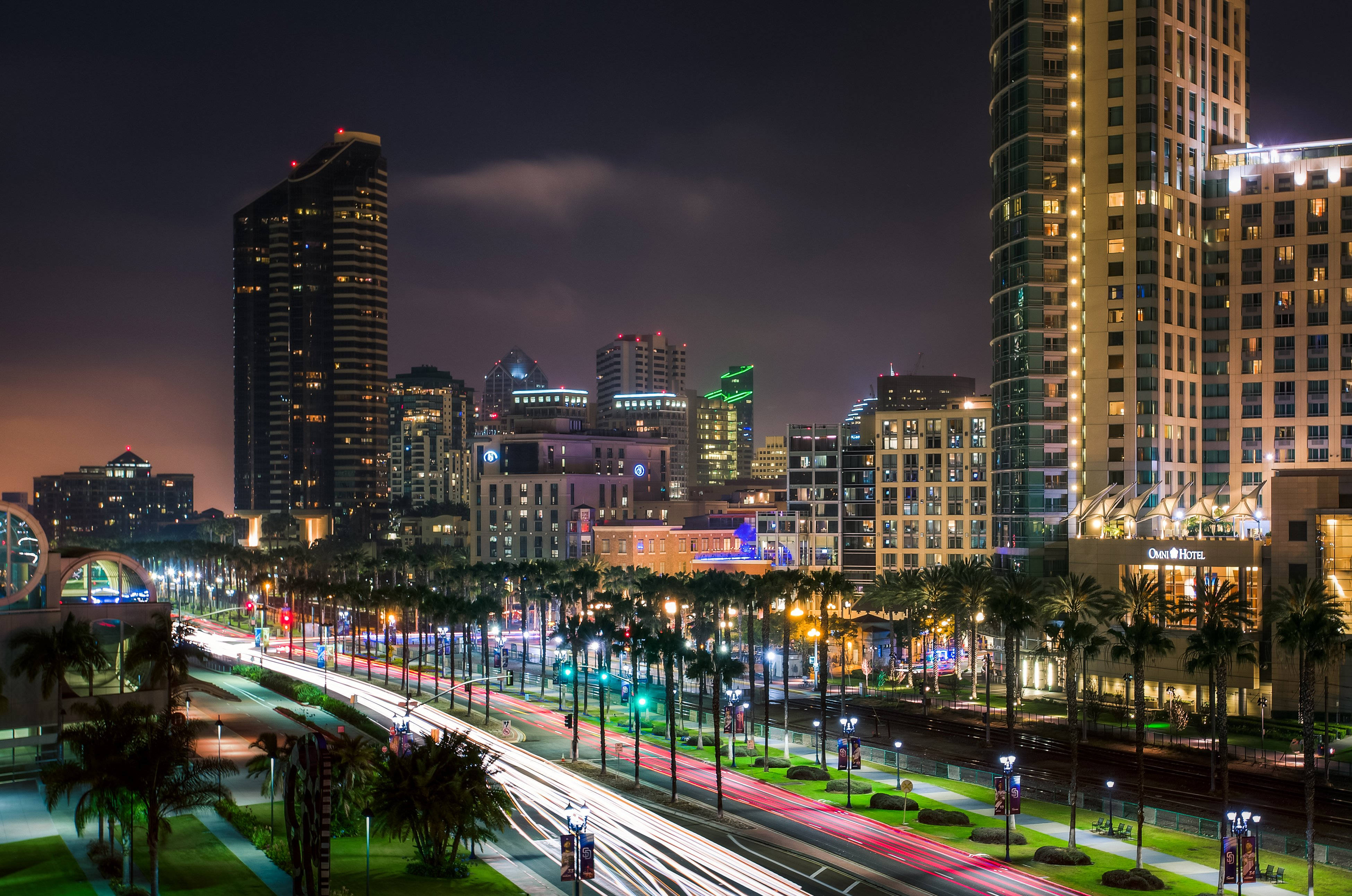 San Diego, nighttime cityscape, illuminated skyscrapers, 4K Desktop Wallpaper