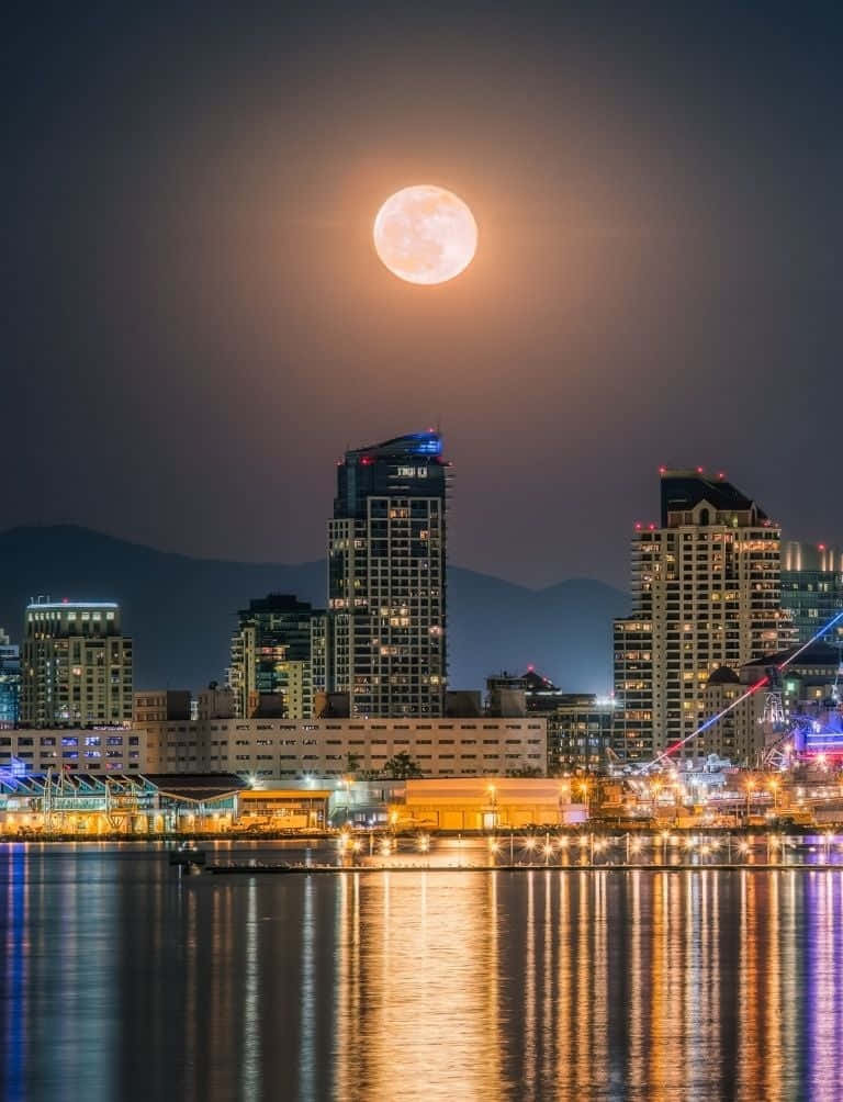 San Diego, full moon, city skyline, SD Phone Wallpaper