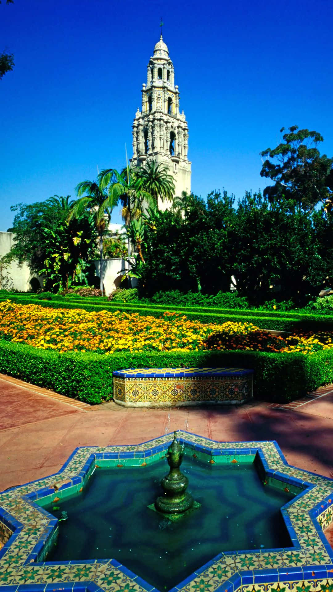 San Diego, fountain, blue mosaic tiles, Full HD Phone Wallpaper