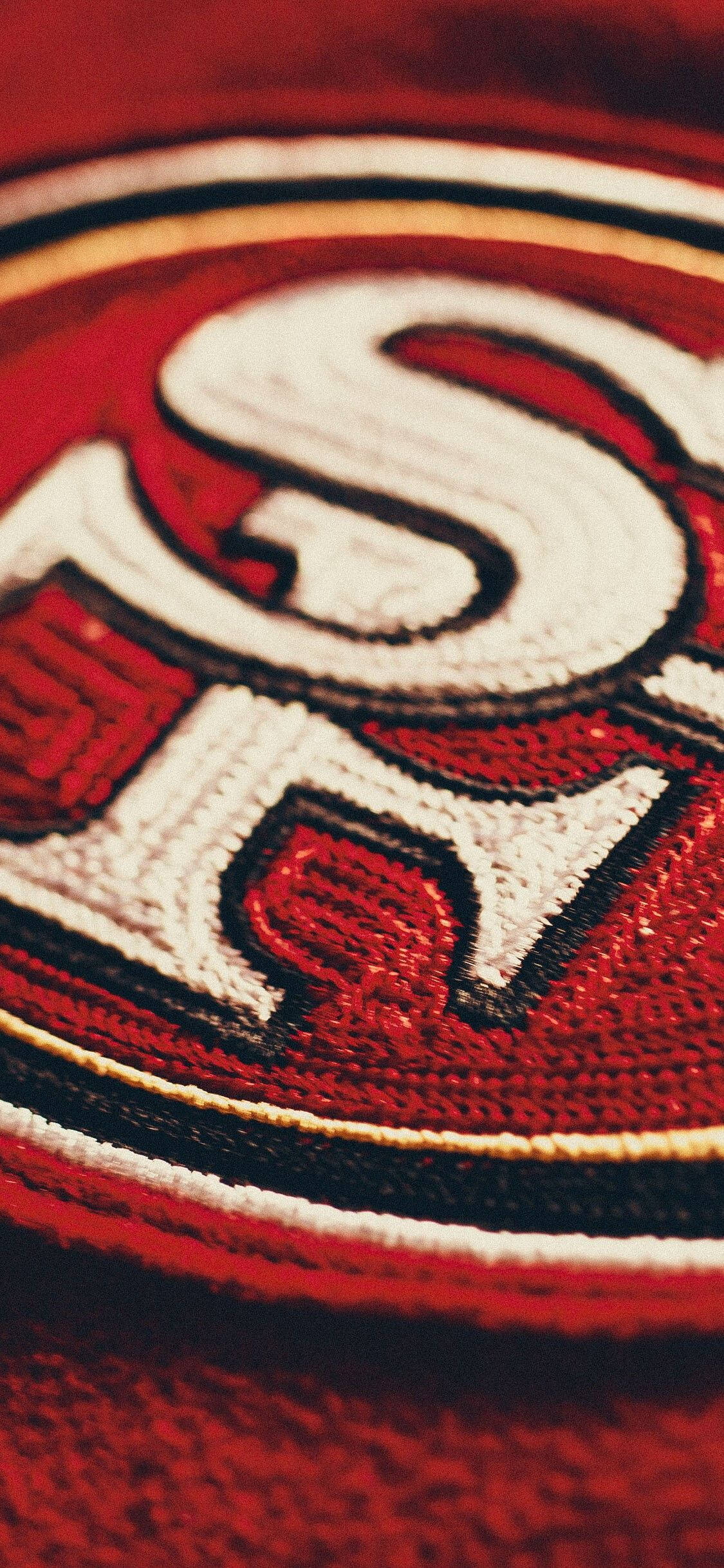 San Francisco 49ers, red embroidered logo, white stitching, Full HD Phone Wallpaper