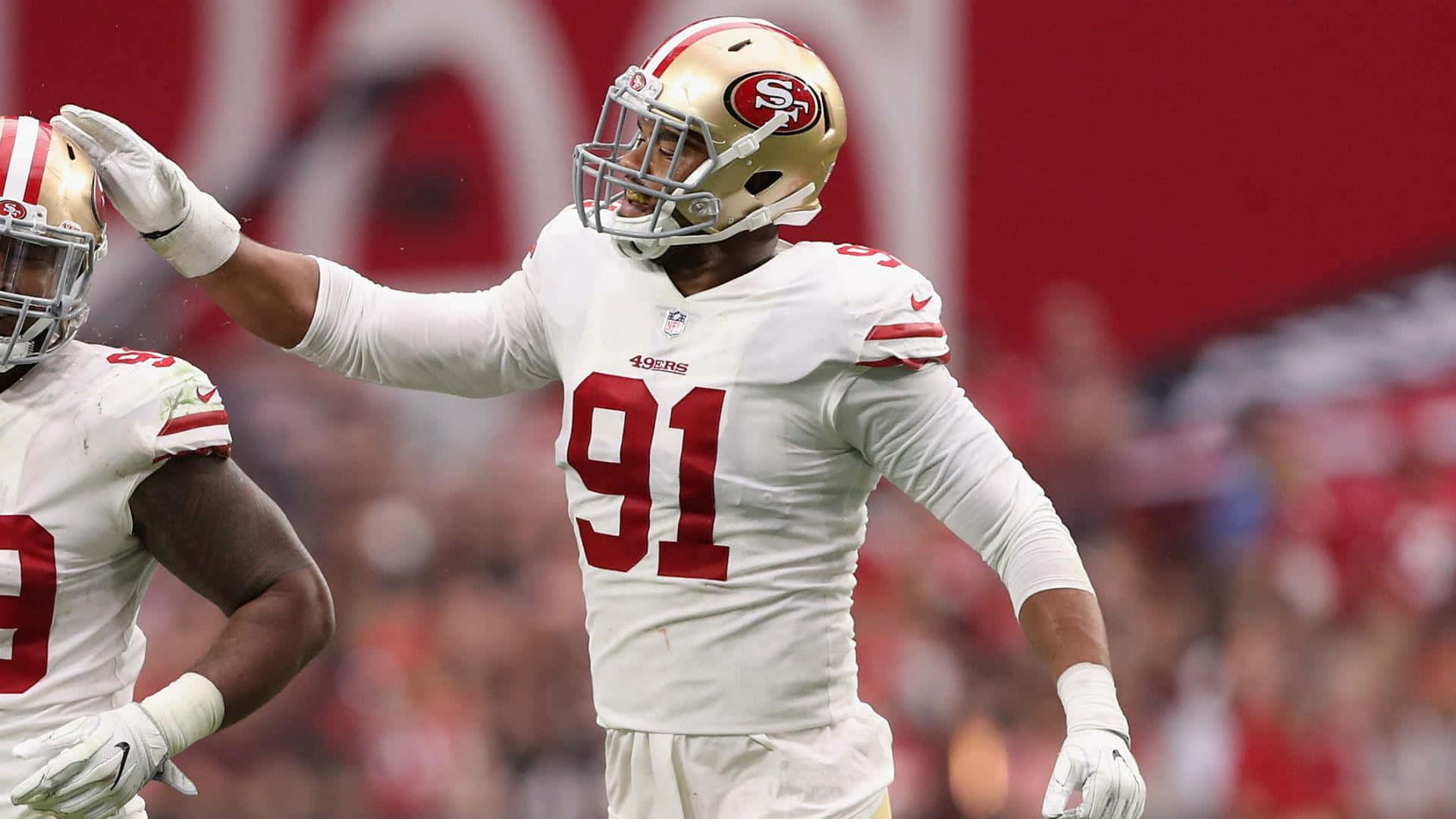 San Francisco 49ers, white jersey, number 91, Full HD Desktop Wallpaper