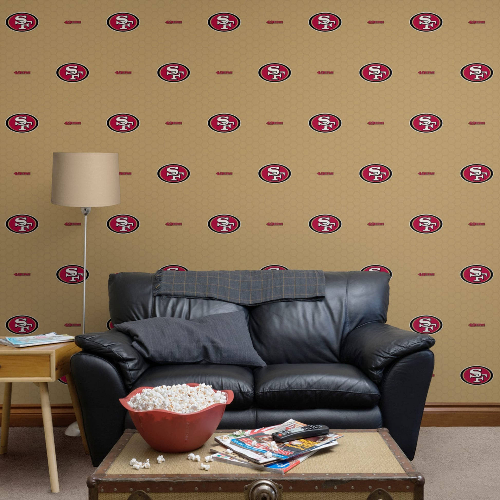 San Francisco 49ers, black leather sofa, tan wallpaper, Full HD Desktop Wallpaper