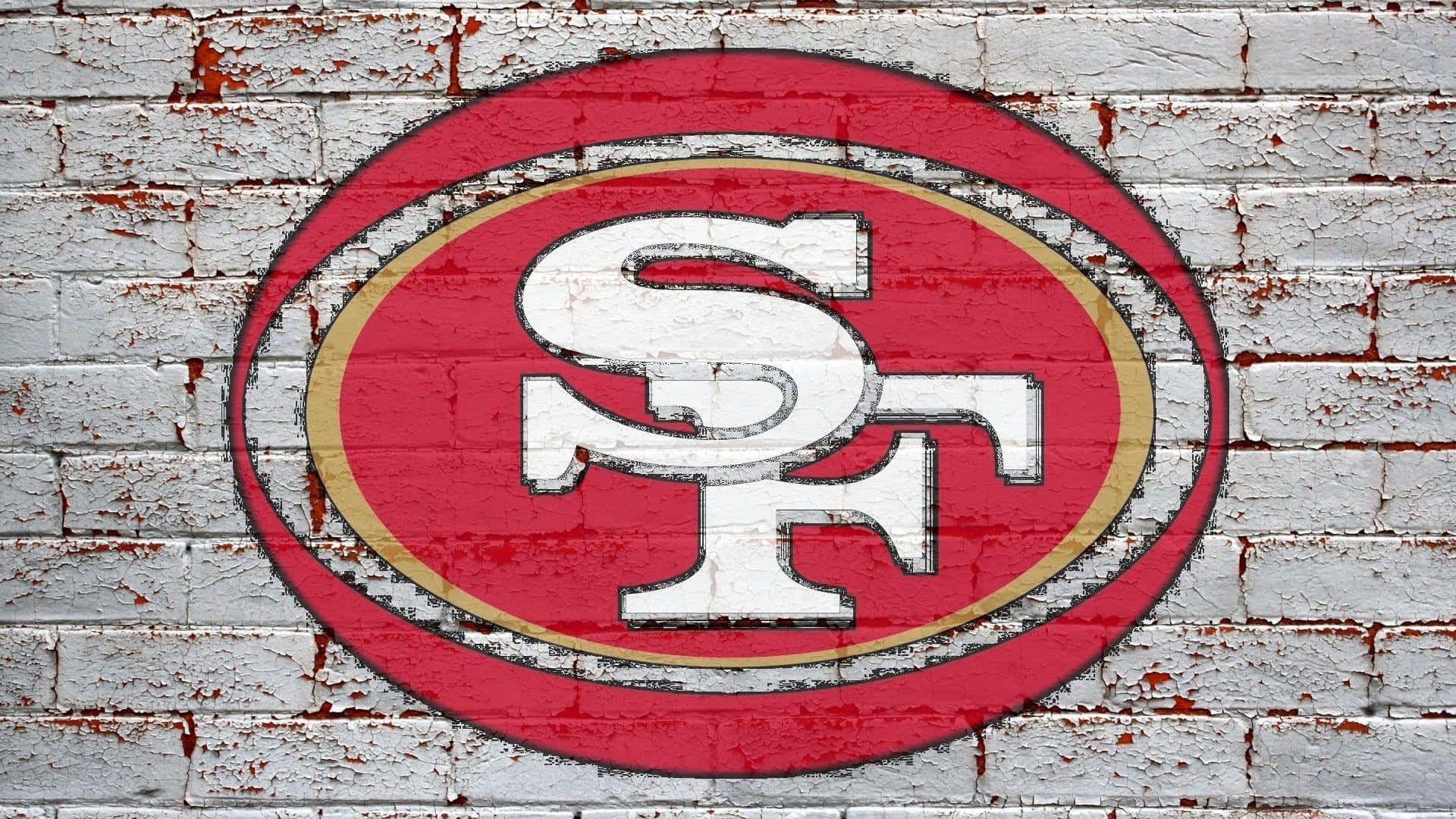 San Francisco 49ers, 49ers logo, cracked white brick wall, Full HD Desktop Wallpaper