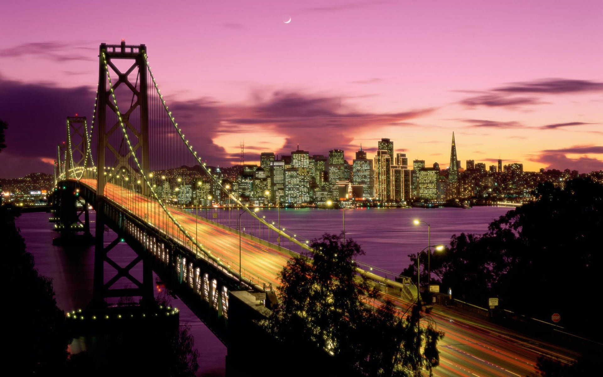 San Francisco, twilight cityscape, glowing suspension bridge, Full HD Desktop Wallpaper