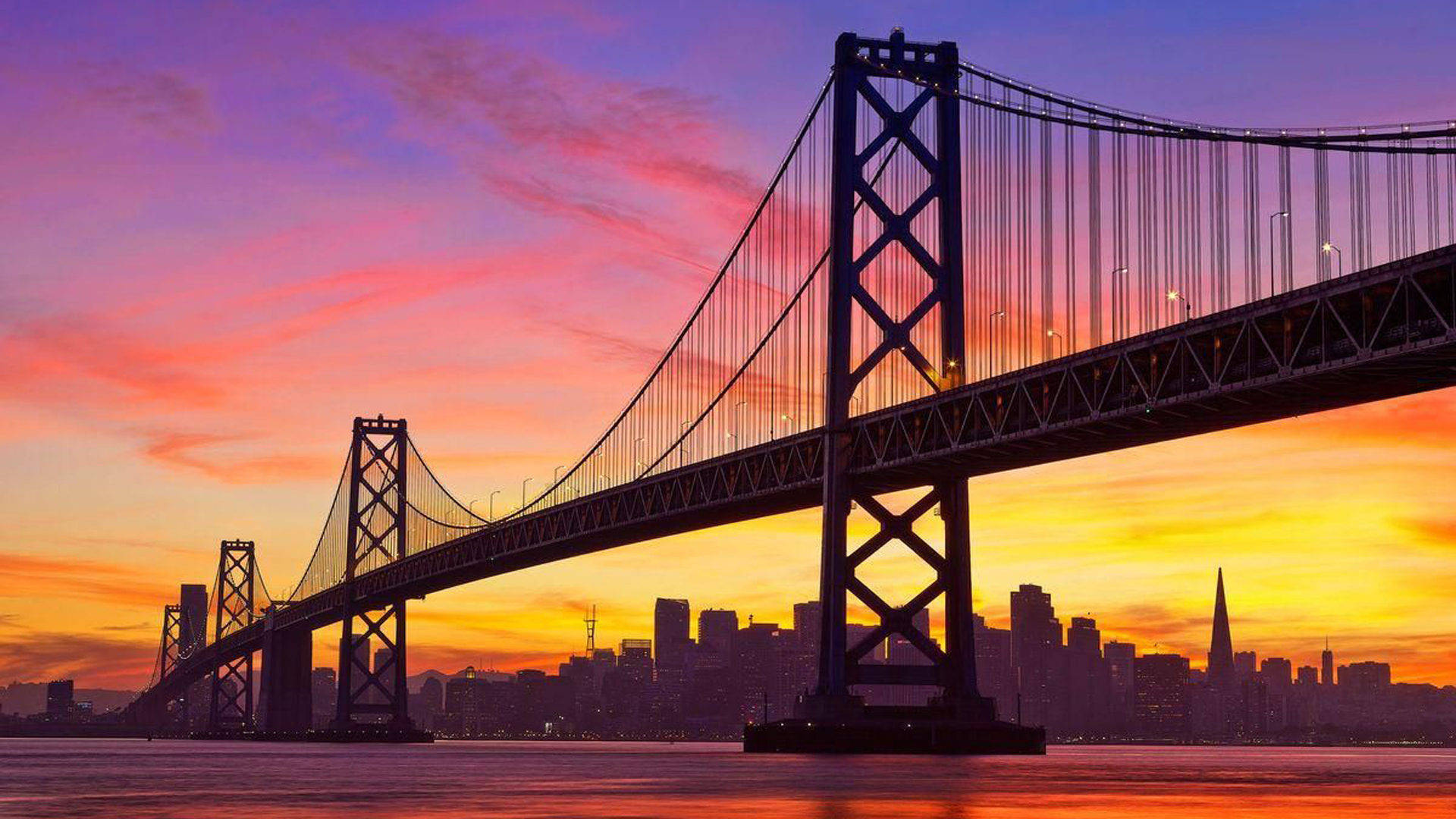 San Francisco, suspension bridge, fiery sunset sky, Full HD Desktop Wallpaper