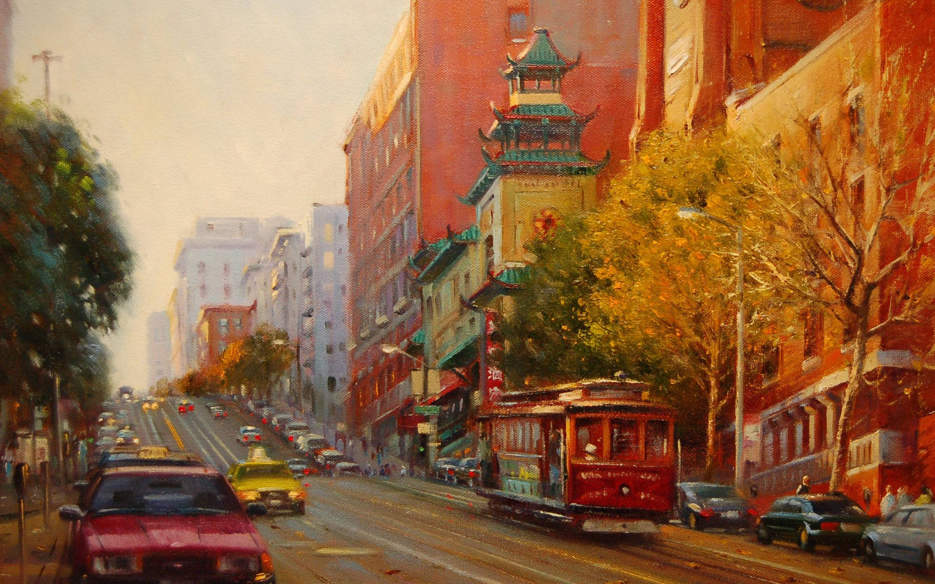 San Francisco, red cable car, traditional Chinese tower, Full HD Desktop Wallpaper