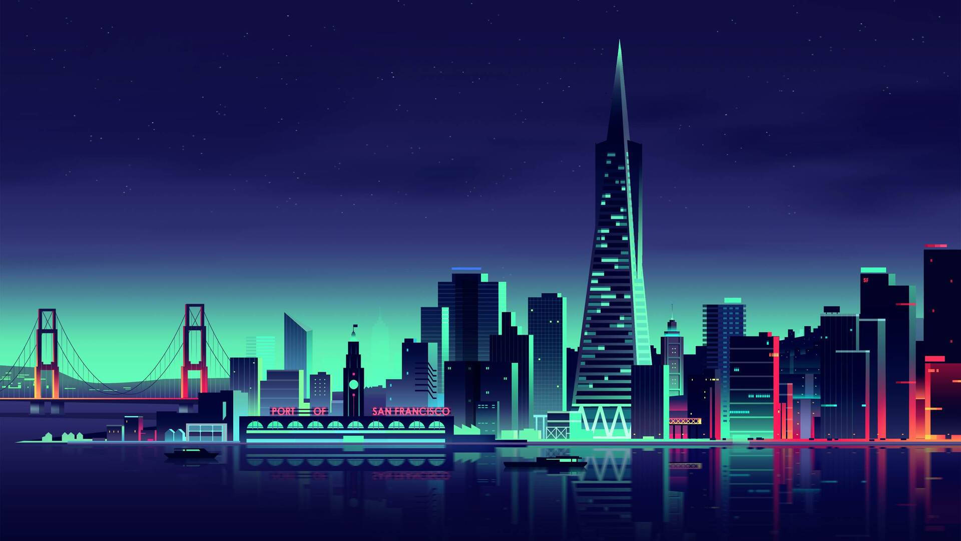 San Francisco skyline, neon-lit, glowing skyscrapers, Full HD Desktop Wallpaper