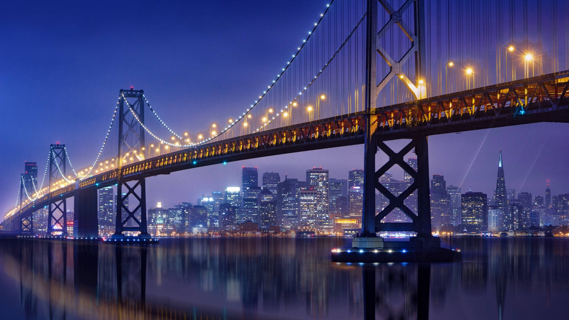 San Francisco, suspension bridge, warm lights, Full HD Desktop Wallpaper